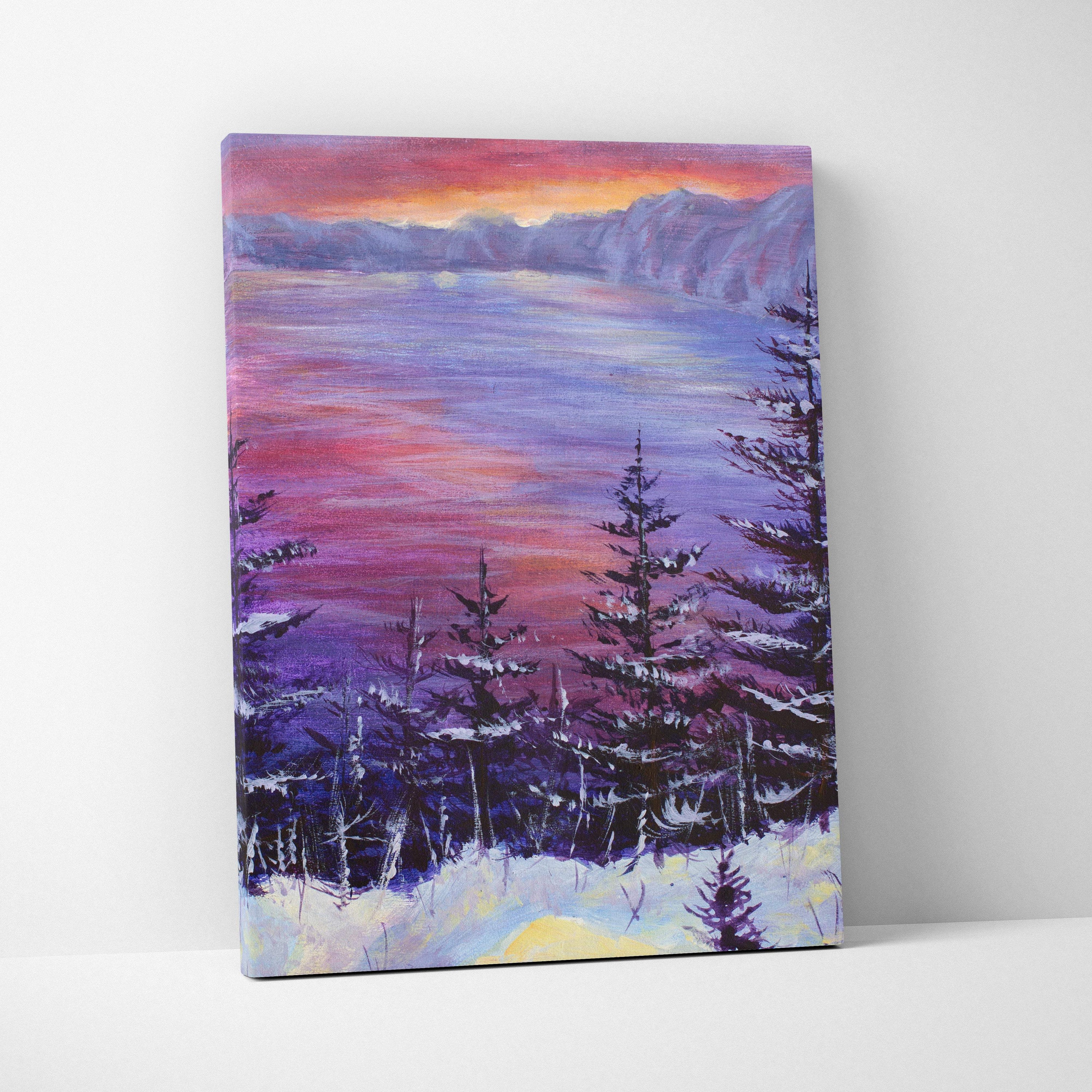 Winter lake sunset canvas print showing a snowy forest landscape with purple pink sky and frosted pine trees in oil painting style