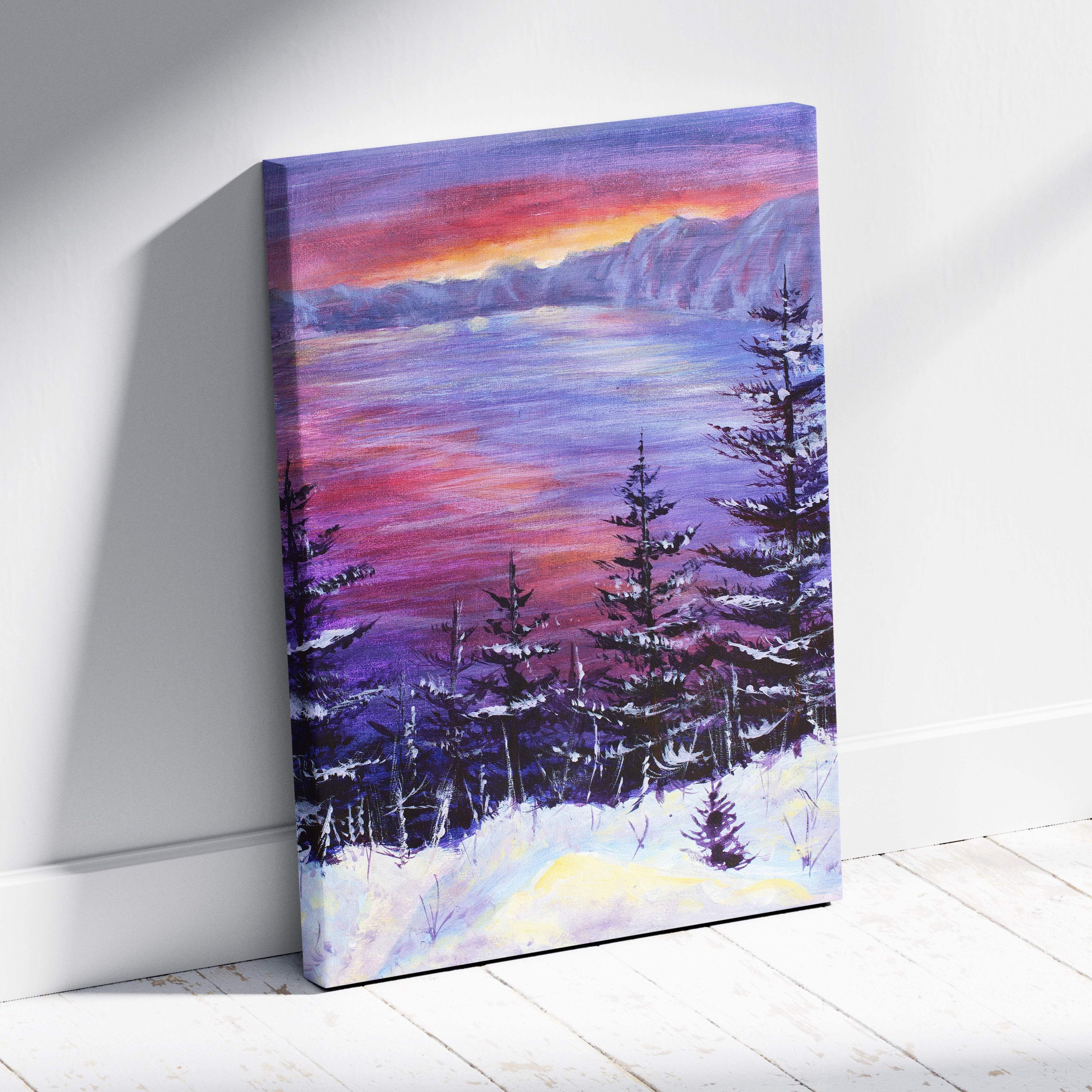 Vibrant winter lake sunset canvas print of snowy forest landscape with purple pink sky and frosted pine trees in oil style