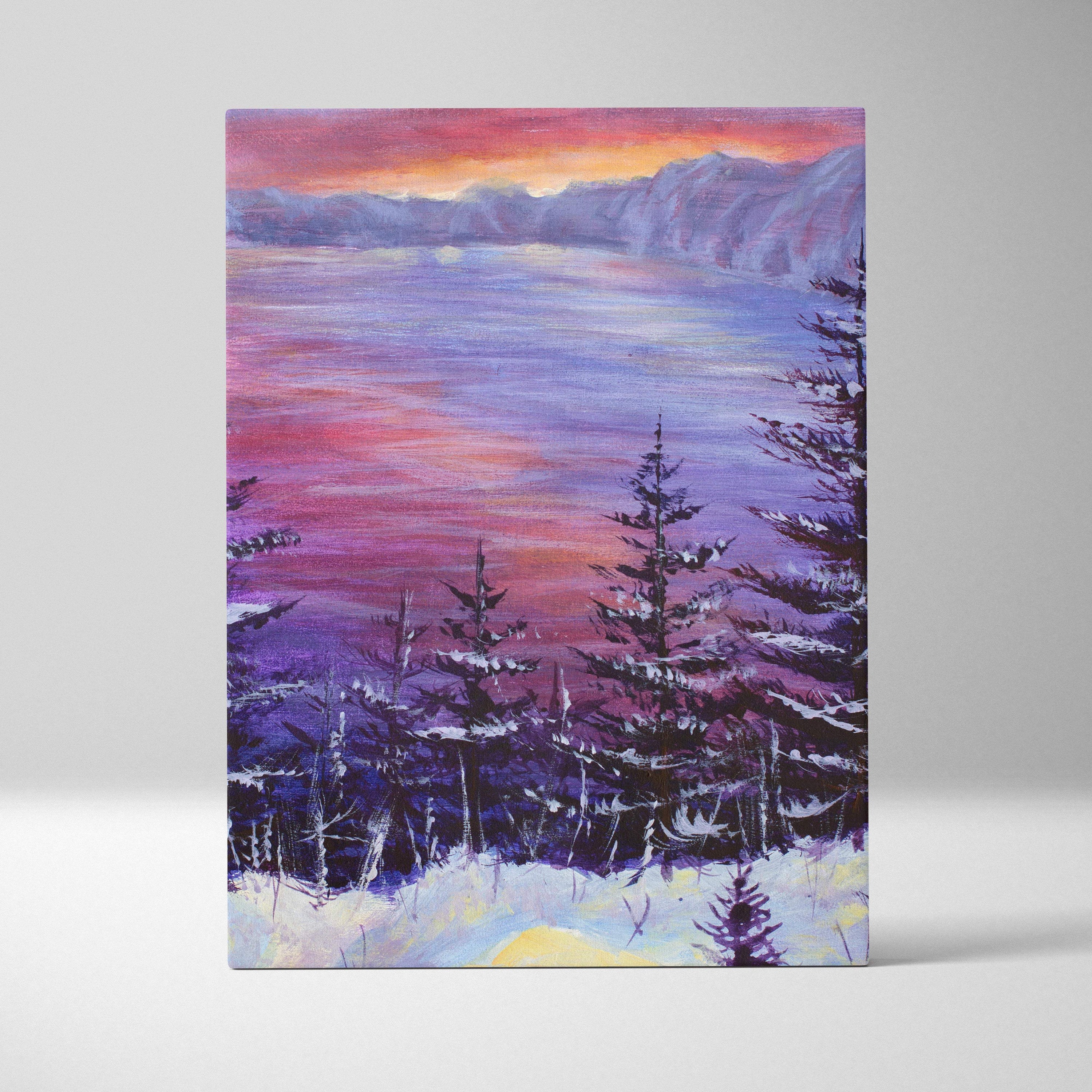 Winter lake sunset canvas print featuring a snowy forest landscape with purple pink sky and icy blue water in oil style