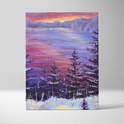 Winter lake sunset canvas print featuring a snowy forest landscape with purple pink sky and icy blue water in oil style