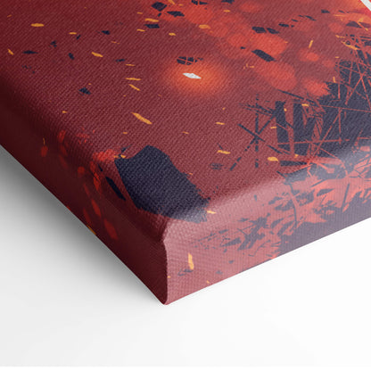 Textured canvas print of eclipse blade warrior featuring bold reds black splatters and golden orange abstract design