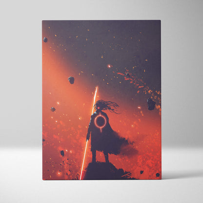 A rectangular canvas print of a dark silhouette samurai holding a glowing sword against a red and black cosmic backdrop