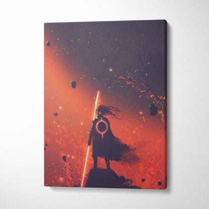 A vibrant red and orange cosmic scene canvas print of a dark sci-fi samurai holding a glowing sword against floating asteroids