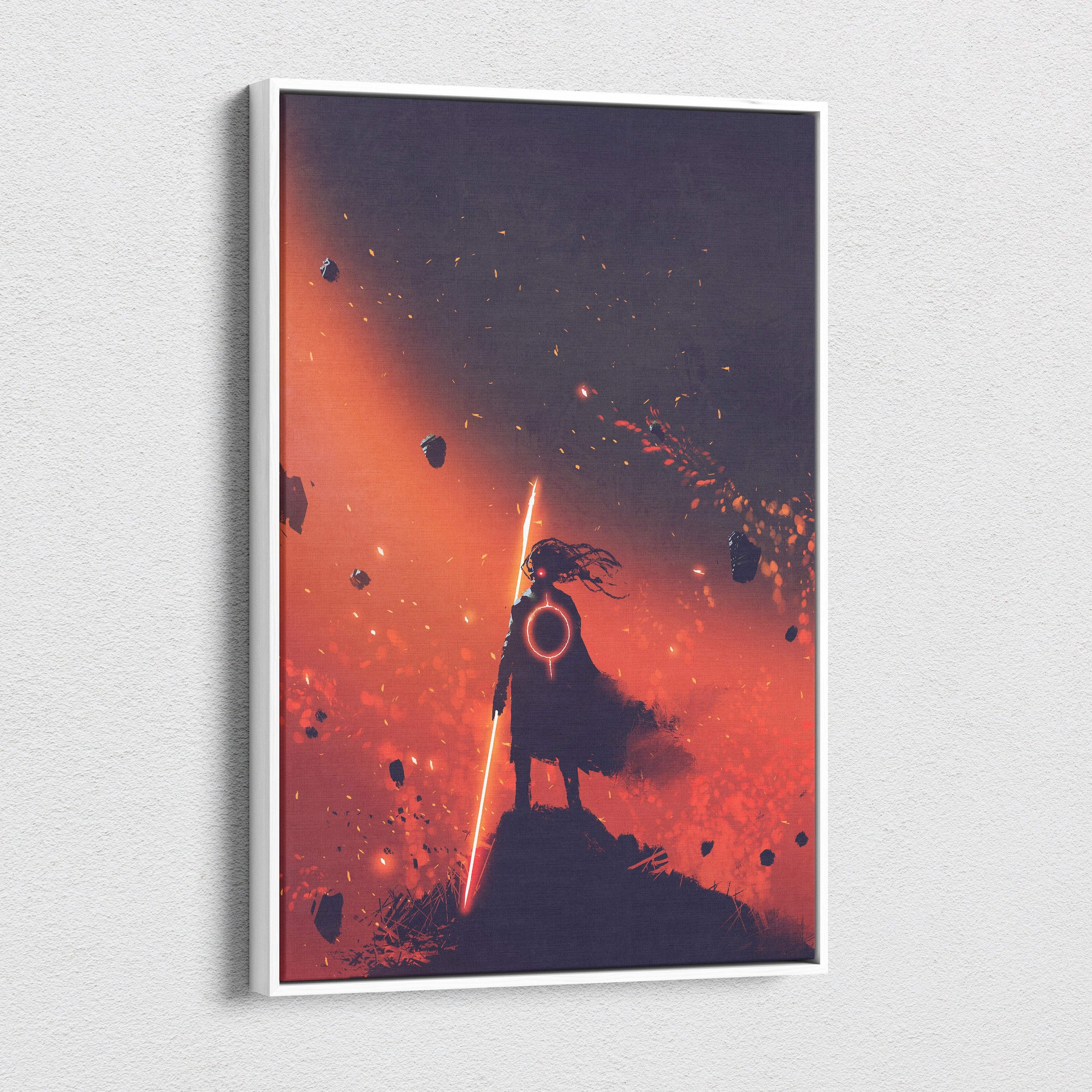 A framed canvas art of a dark sci-fi samurai with a glowing orange lightsaber on a red and black cosmic battlefield