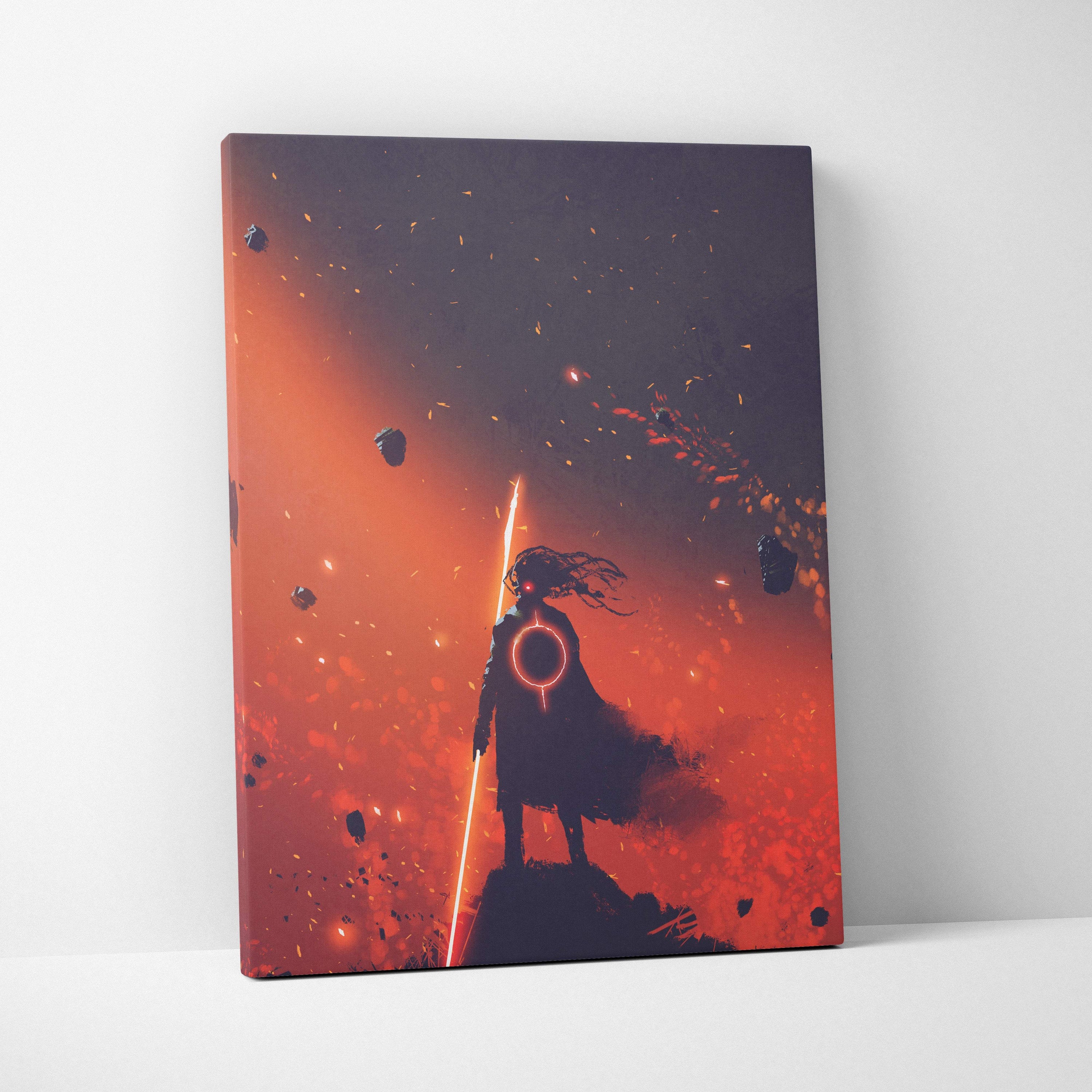 Eclipse blade warrior canvas art featuring a red and orange cosmic battlefield with a samurai holding a glowing sword silhouette