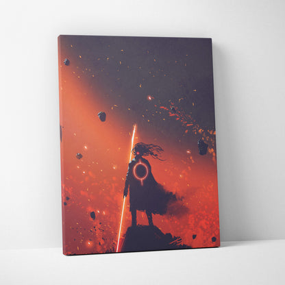 Eclipse blade warrior canvas art featuring a red and orange cosmic battlefield with a samurai holding a glowing sword silhouette