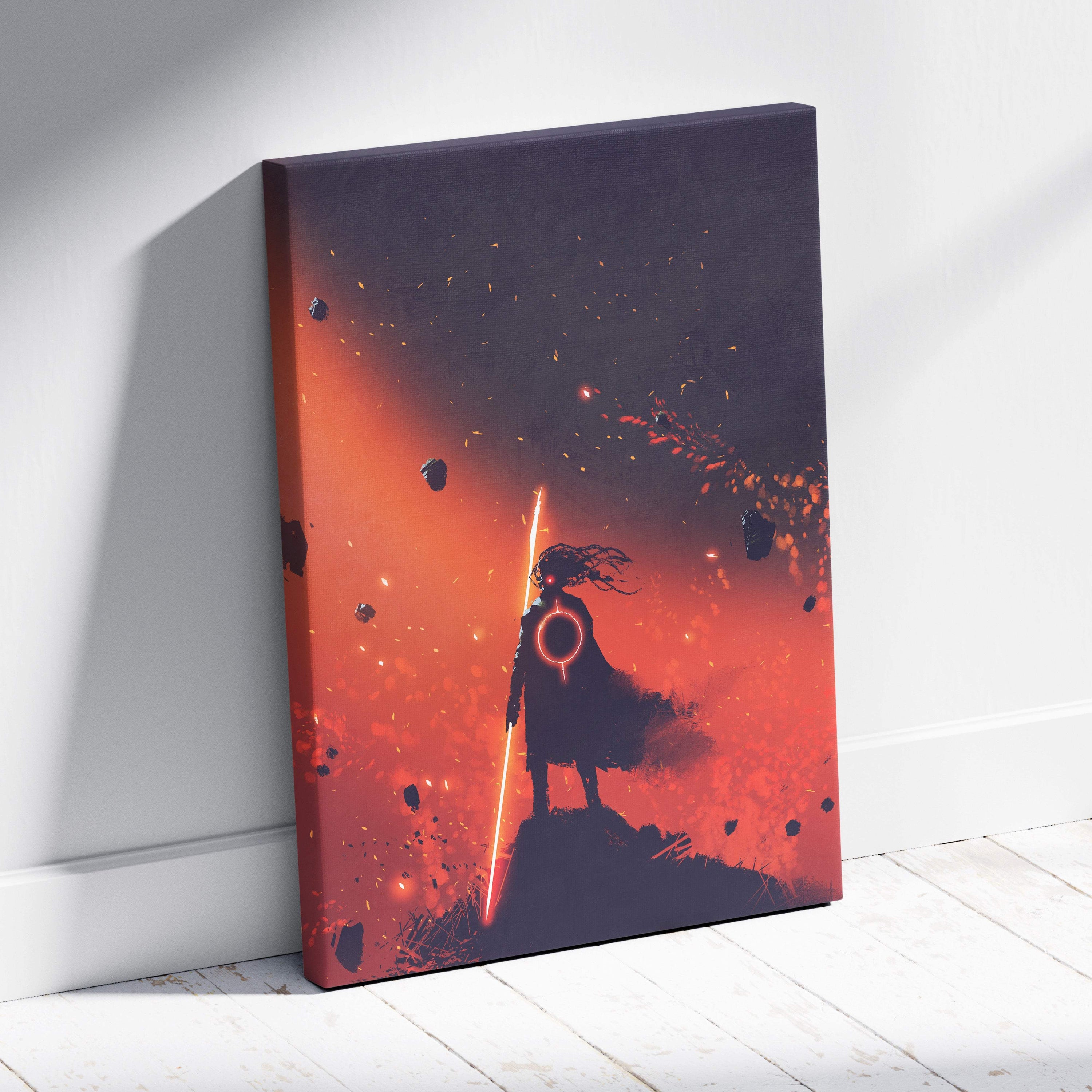 A vibrant orange and black canvas print of a samurai holding a glowing sword against a cosmic battlefield backdrop