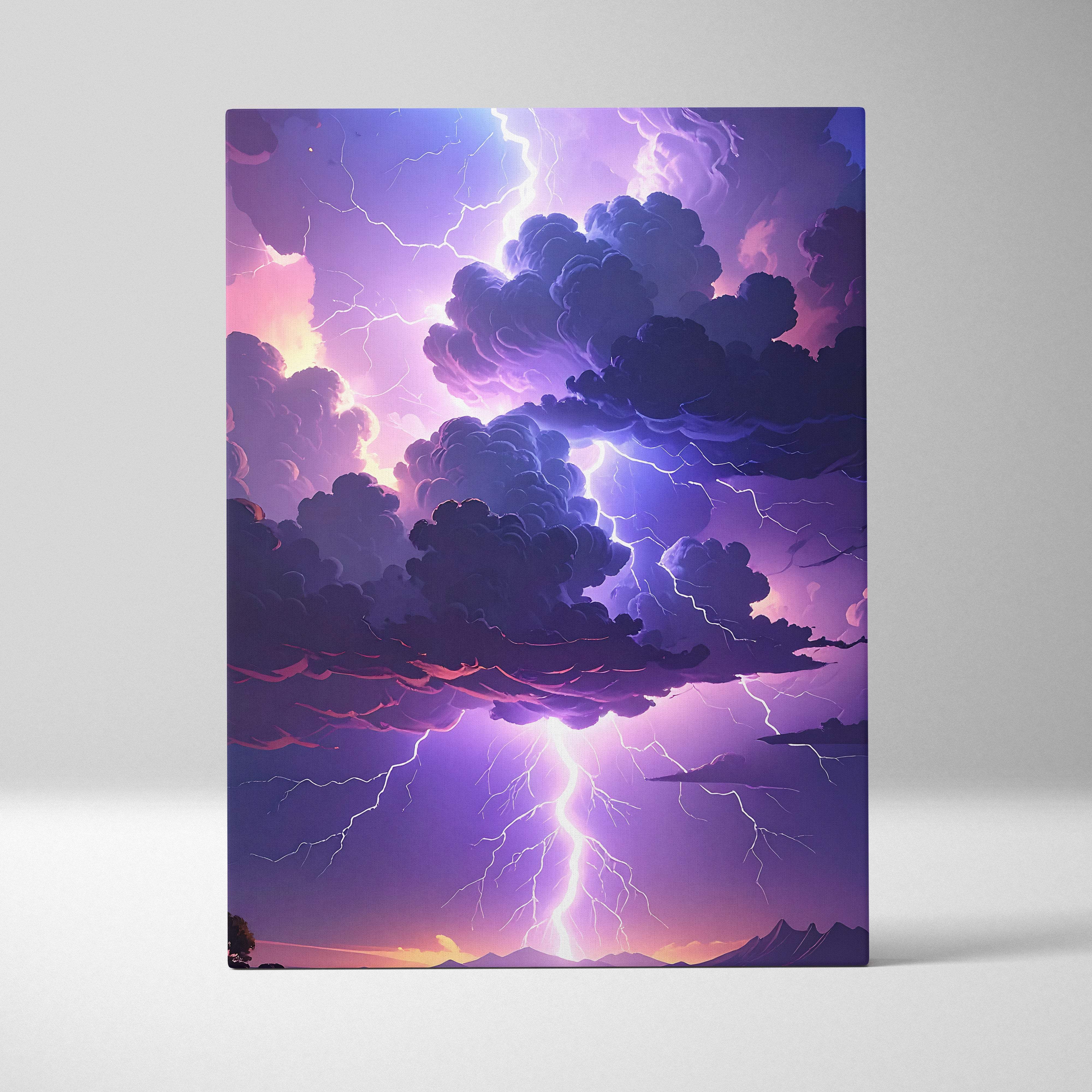 Vibrant purple and pink stormy sky canvas print featuring dramatic lightning bolts for modern wall decor