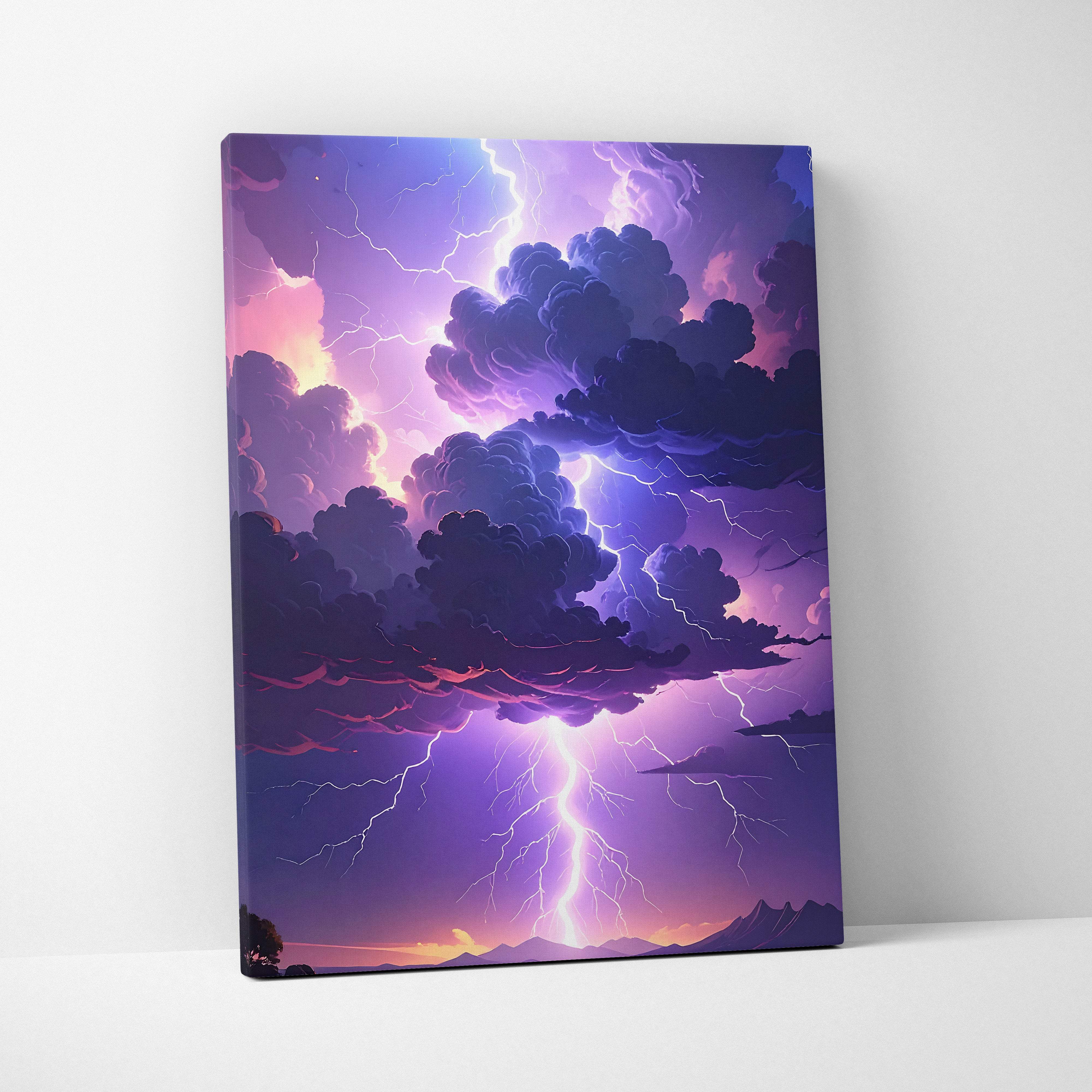 Epic lightning storm over mountains canvas art featuring vibrant purple and pink lightning with dramatic clouds