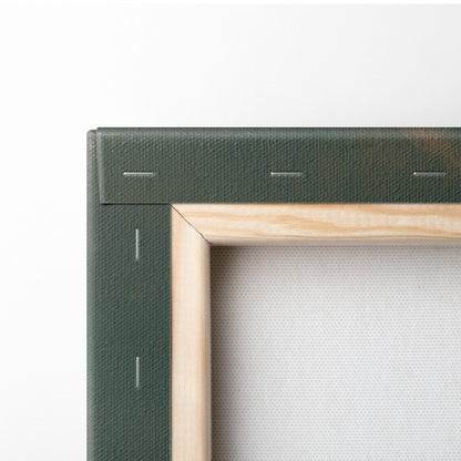 Dark green canvas with visible stitching in a light wood frame for red moon boat canvas wall art print decor
