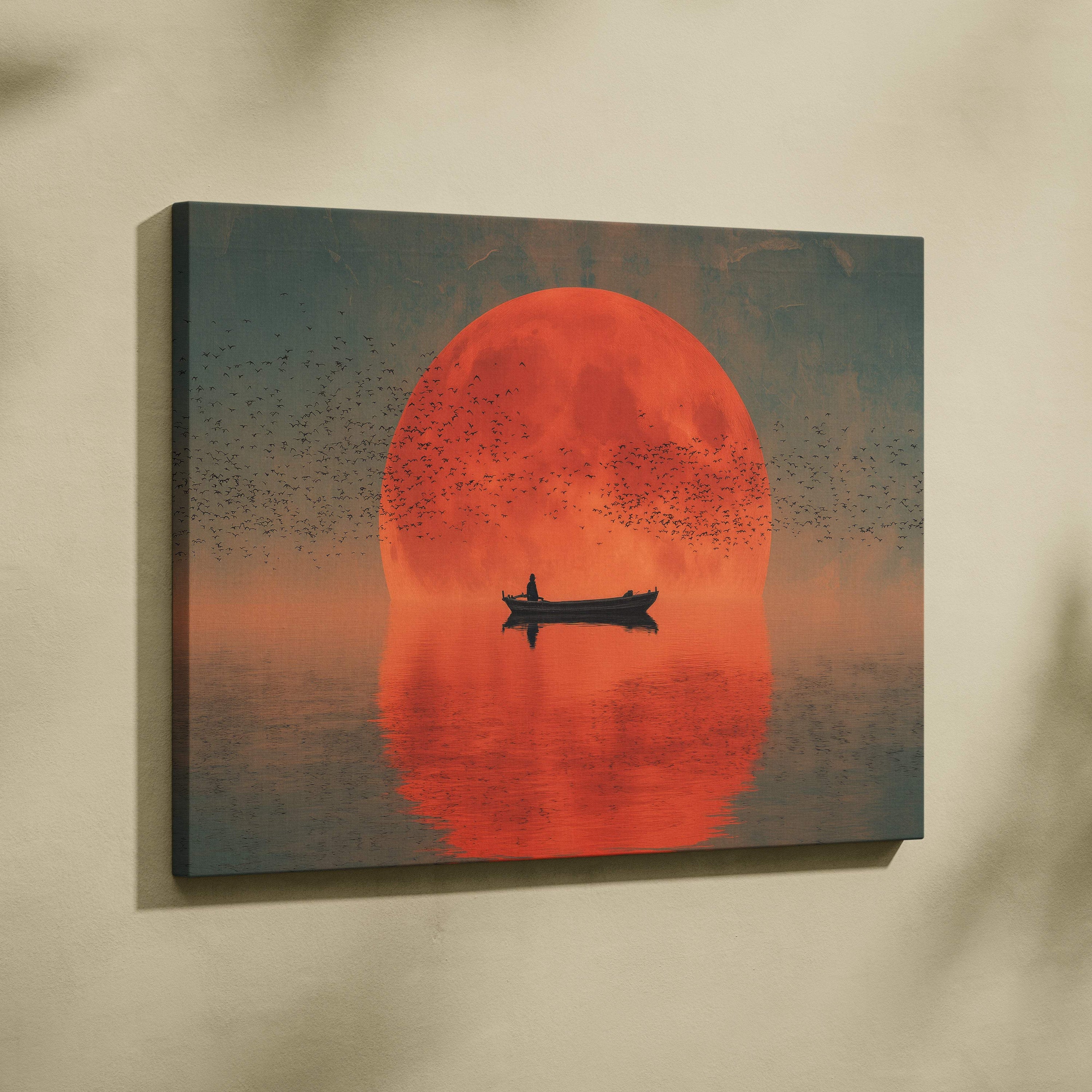 Red moon boat canvas wall art print featuring a minimalist red moon over lake silhouette with boat and birds for serene decor
