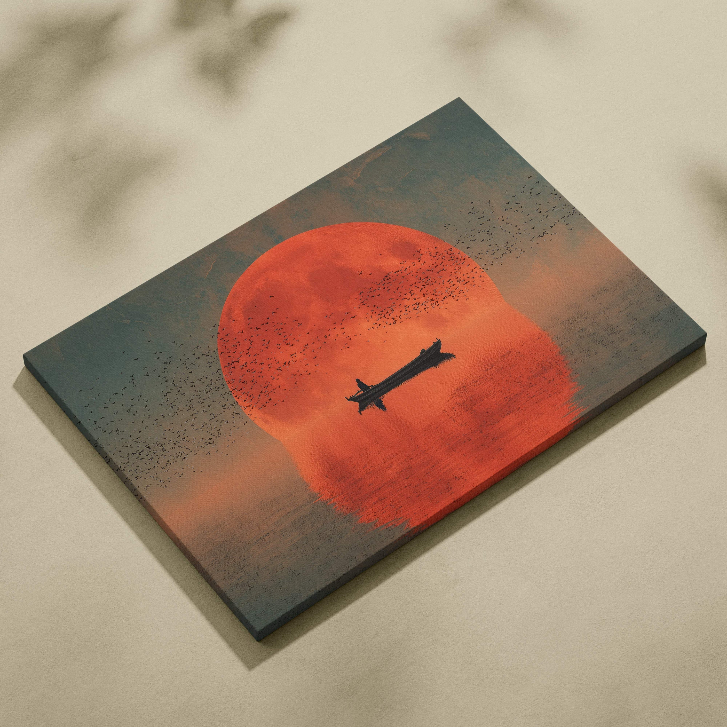 Rectangular canvas print featuring a striking orange-red full moon with birds and airplane silhouettes for serene decor