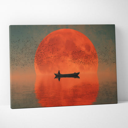 Red moon boat canvas wall art print featuring a minimalist lake silhouette with vibrant orange moon and birds in flight