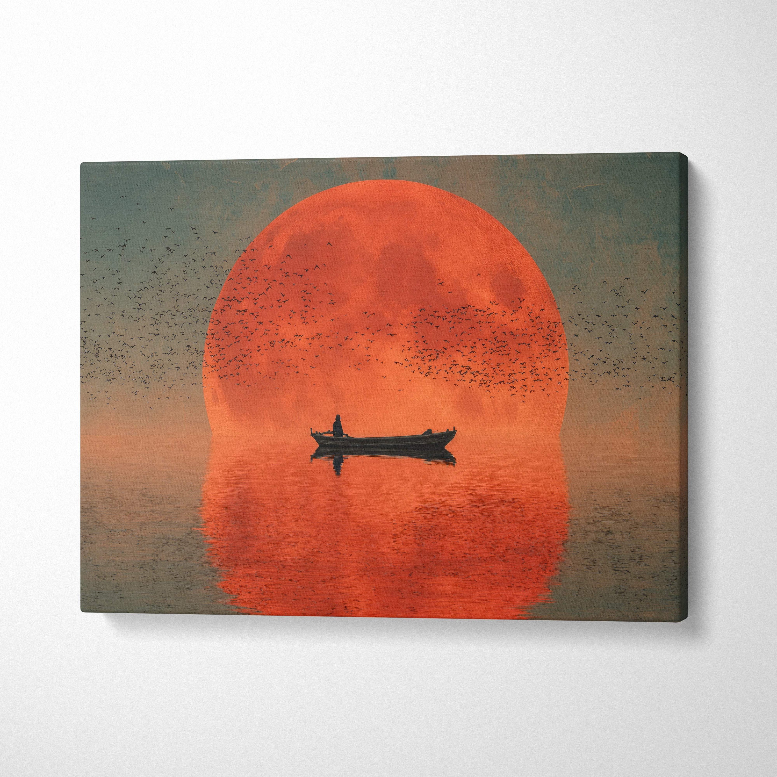 Red moon boat canvas wall art print with orange full moon, lake silhouette, and birds for serene living room decor