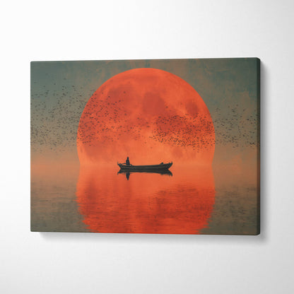 Red moon boat canvas wall art print with orange full moon, lake silhouette, and birds for serene living room decor