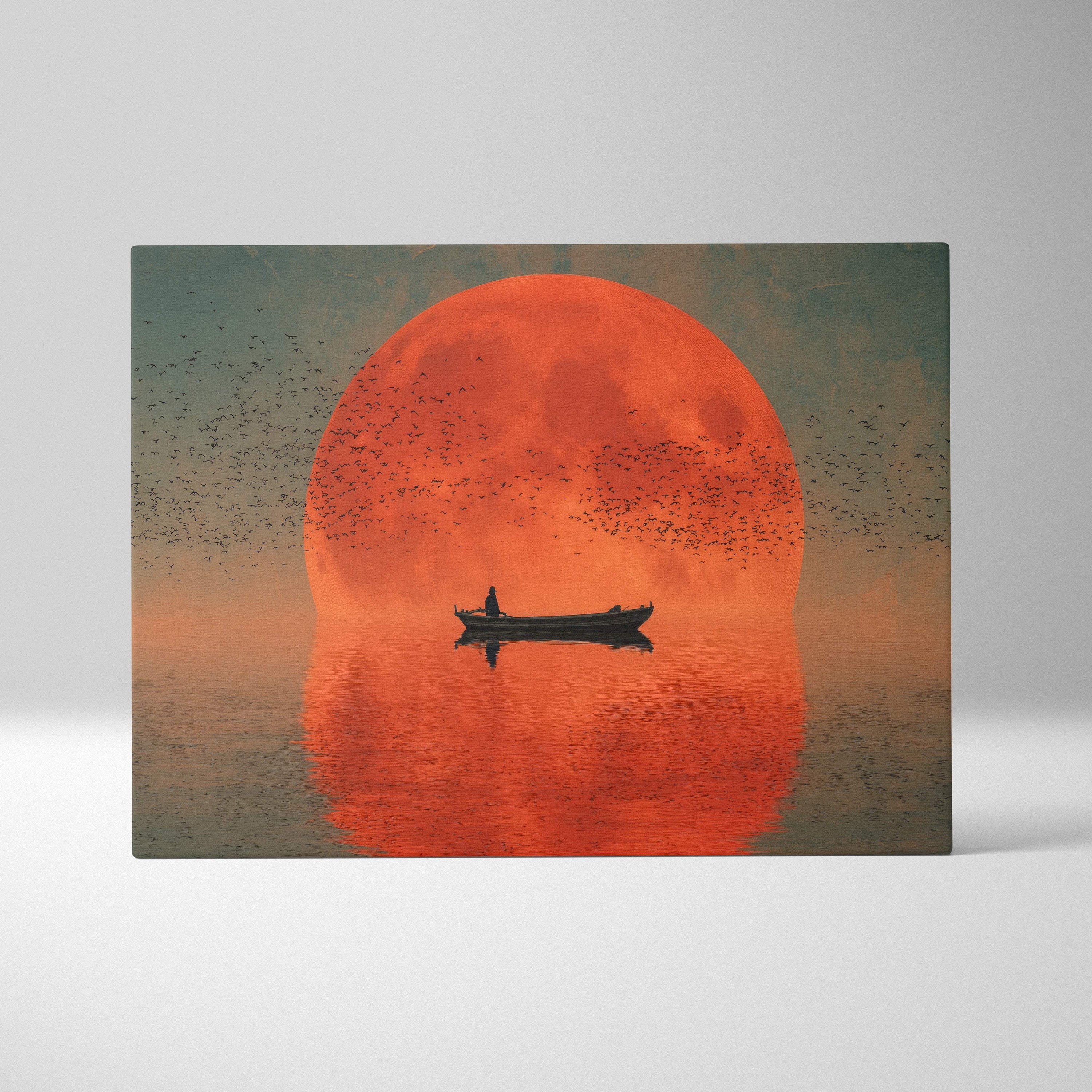 A rectangular canvas wall art print featuring a solitary boat silhouette against a vibrant orange moon with birds in flight