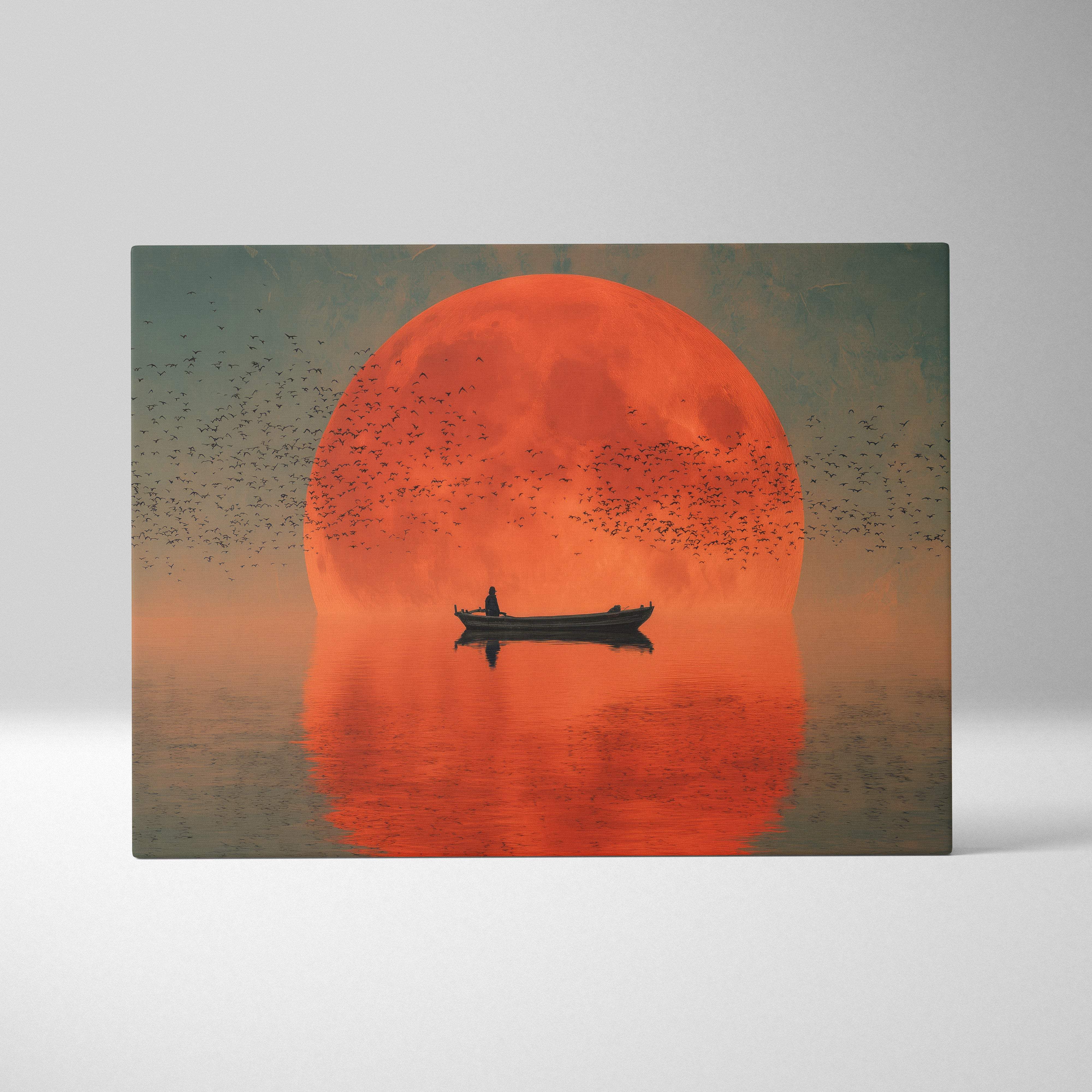 A rectangular canvas wall art print featuring a solitary boat silhouette against a vibrant orange moon with birds in flight