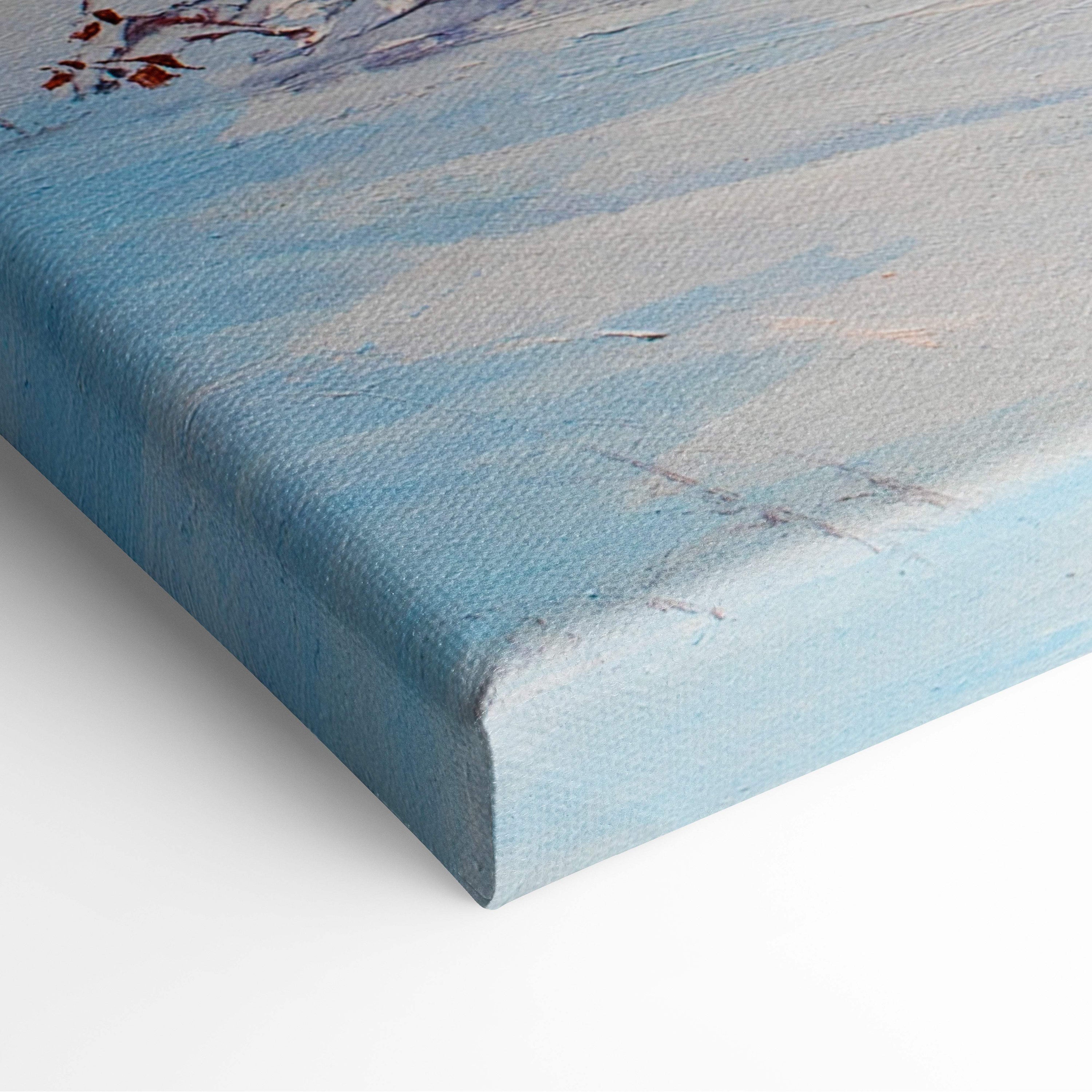 Blue canvas painting with textured brushstrokes and red floral accents in winter forest bridge style wall art print