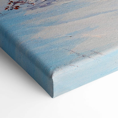 Blue canvas painting with textured brushstrokes and red floral accents in winter forest bridge style wall art print