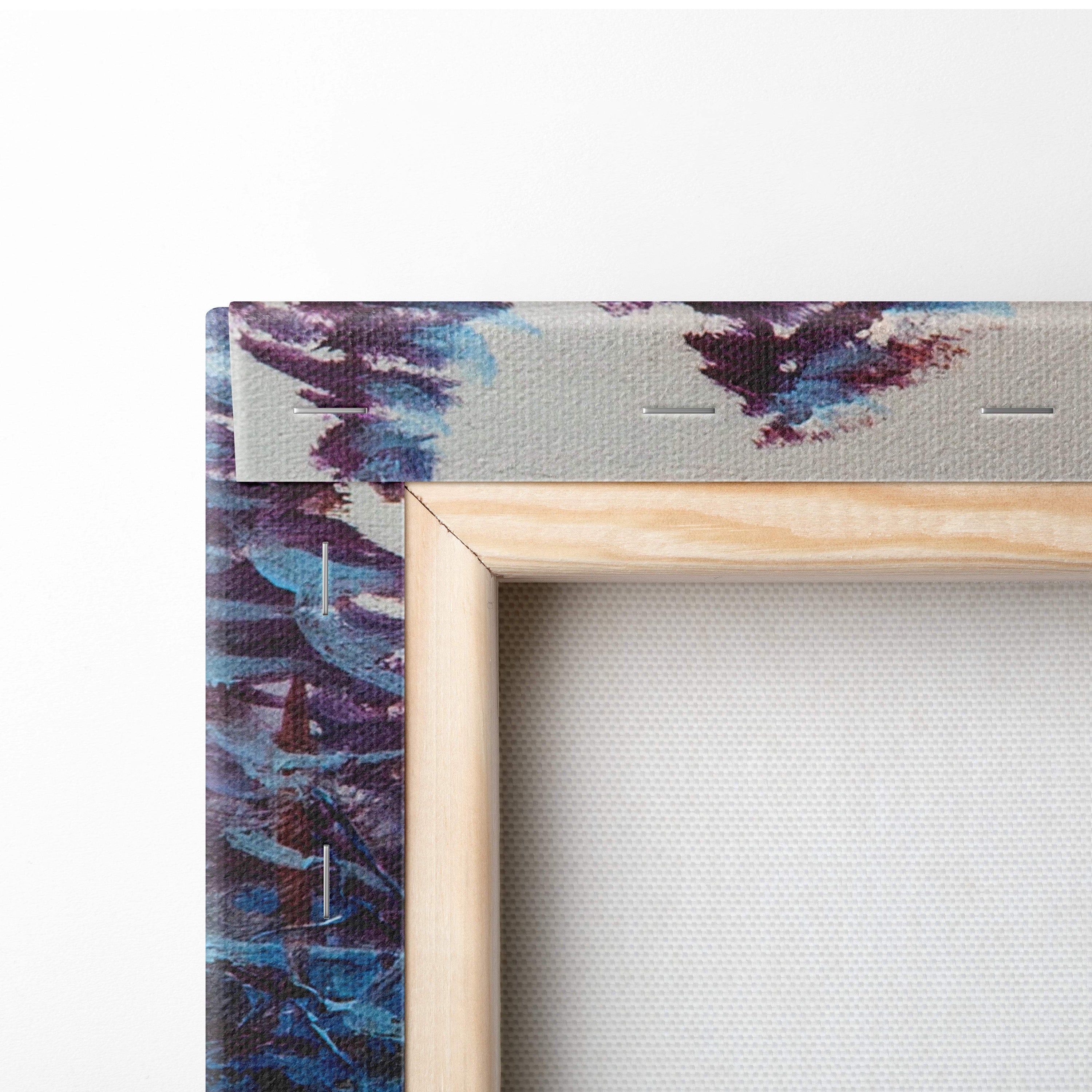 A wooden canvas frame with a textured blue and purple border for winter forest bridge painting style wall art
