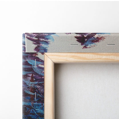 A wooden canvas frame with a textured blue and purple border for winter forest bridge painting style wall art