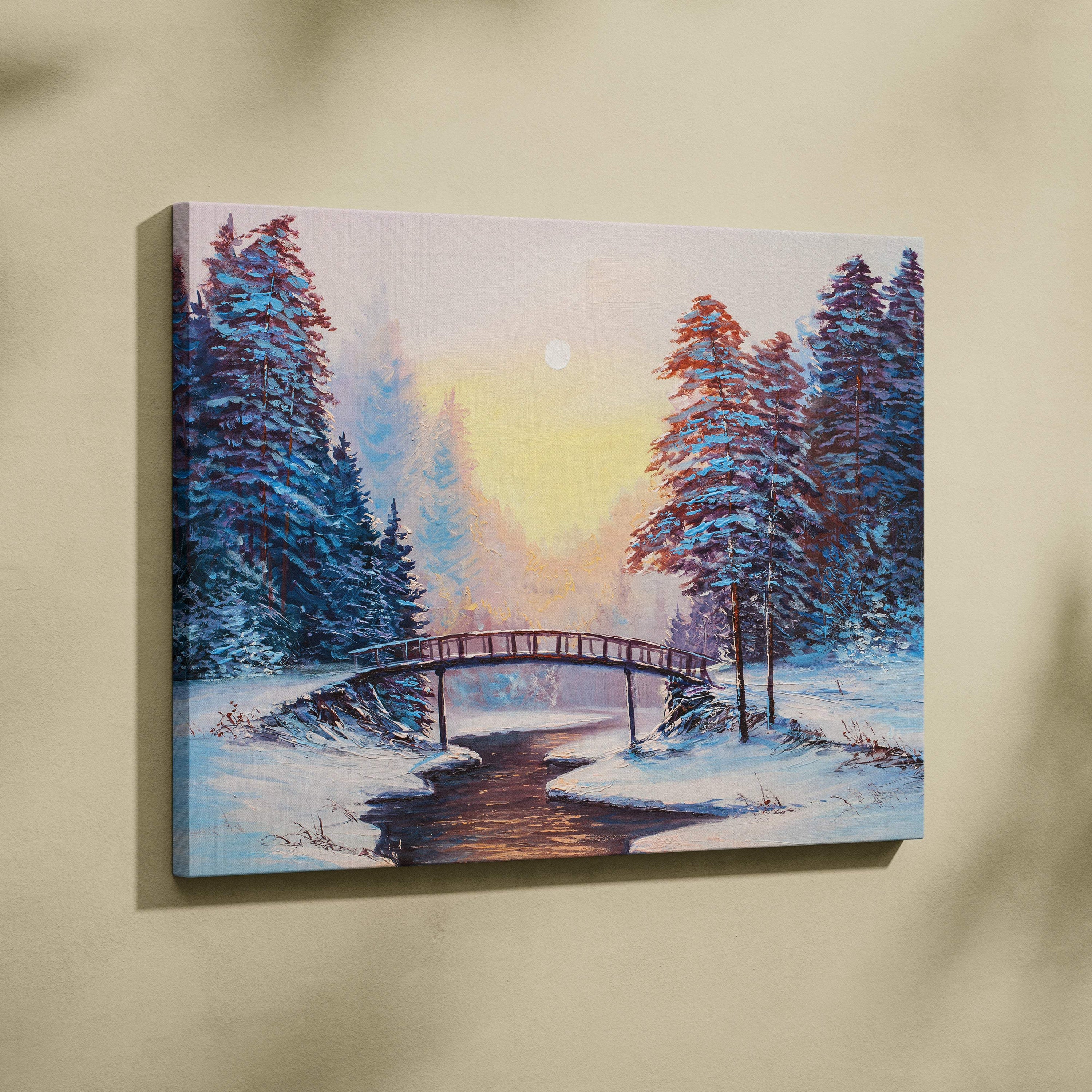 Winter forest bridge painting style wall art with snow-covered pine trees and a pastel sunrise on canvas print