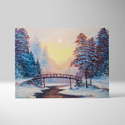 Winter forest bridge painting style wall art featuring snow-covered pine trees and a wooden bridge over a frozen stream