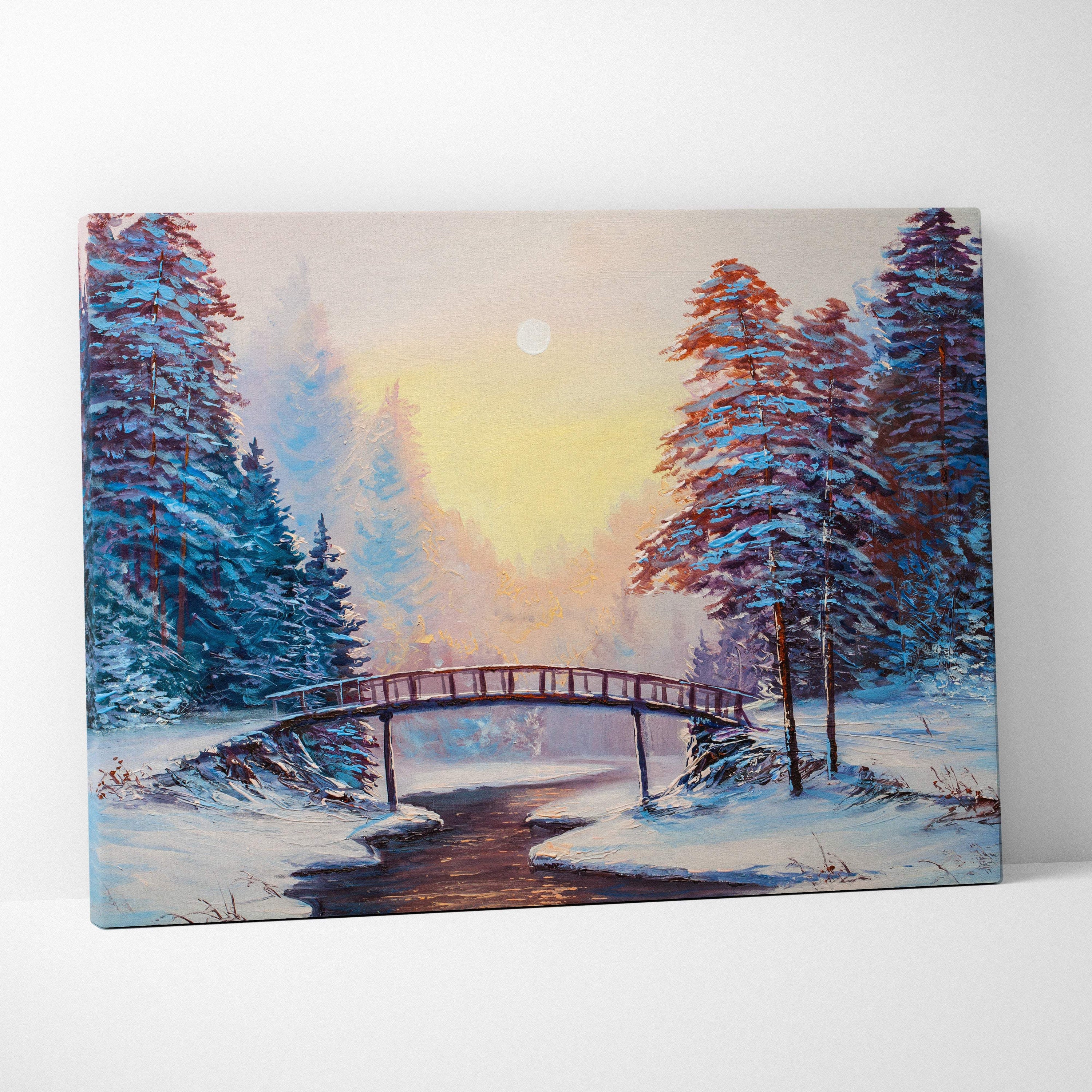 Winter forest bridge painting style wall art with snow-covered landscape, blue and purple pines, wooden bridge, and pale yellow sky