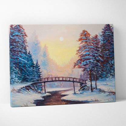 Winter forest bridge painting style wall art with snow-covered landscape, blue and purple pines, wooden bridge, and pale yellow sky
