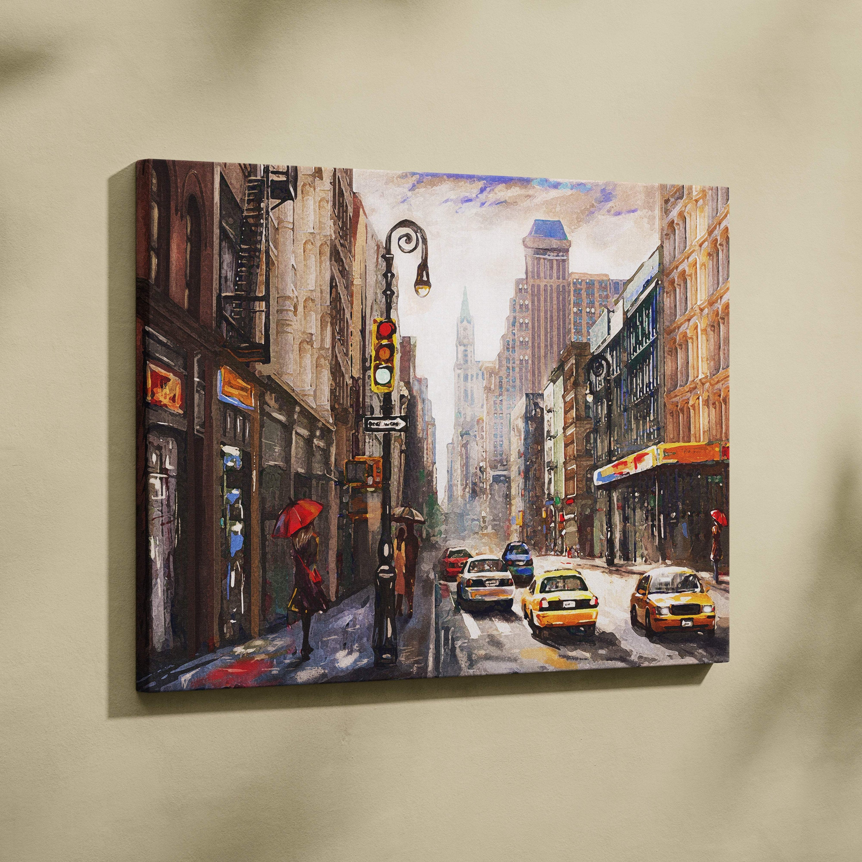 Rainy city street painting style wall art on canvas featuring yellow taxis red umbrellas and vintage architecture