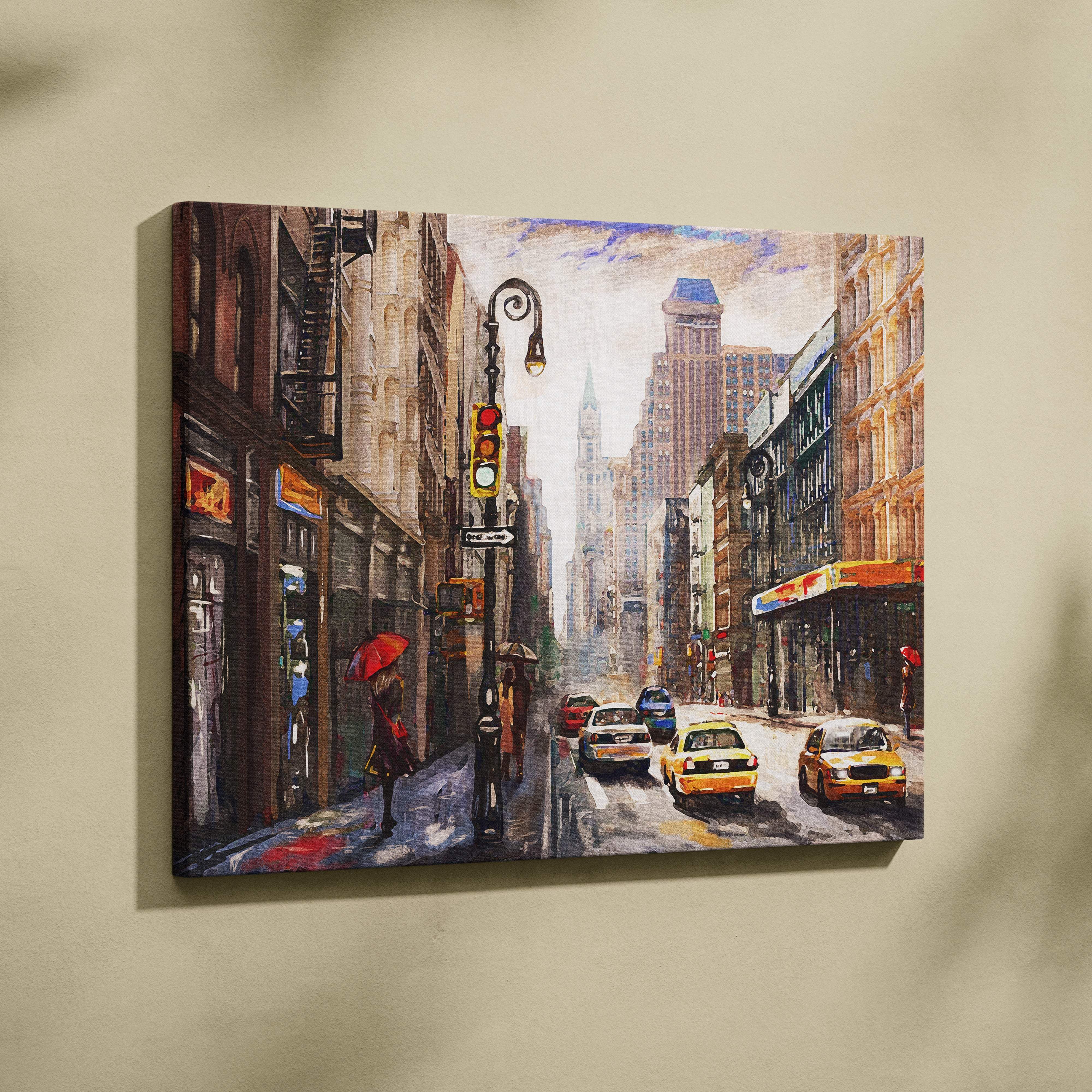 Rainy city street painting style wall art on canvas featuring yellow taxis red umbrellas and vintage architecture