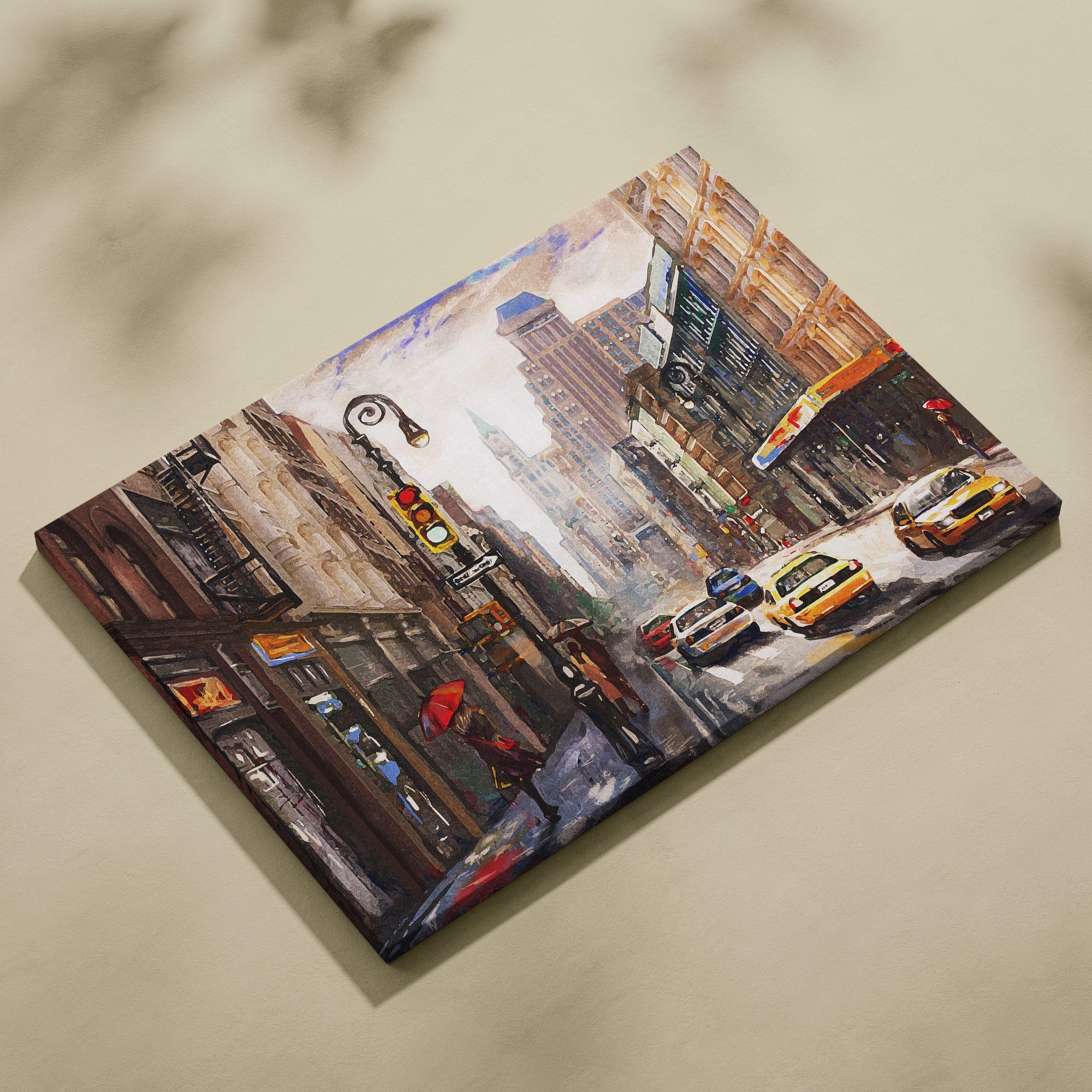 A vibrant impressionistic canvas painting of a rainy city street with yellow taxis and a red umbrella wall art