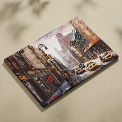 A vibrant impressionistic canvas painting of a rainy city street with yellow taxis and a red umbrella wall art