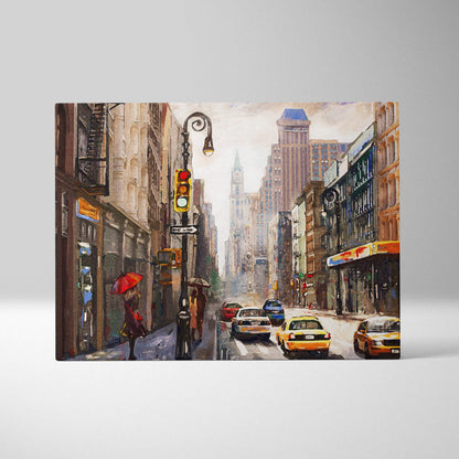 Rainy city street painting style wall art canvas print featuring yellow taxis red umbrella and vintage architecture