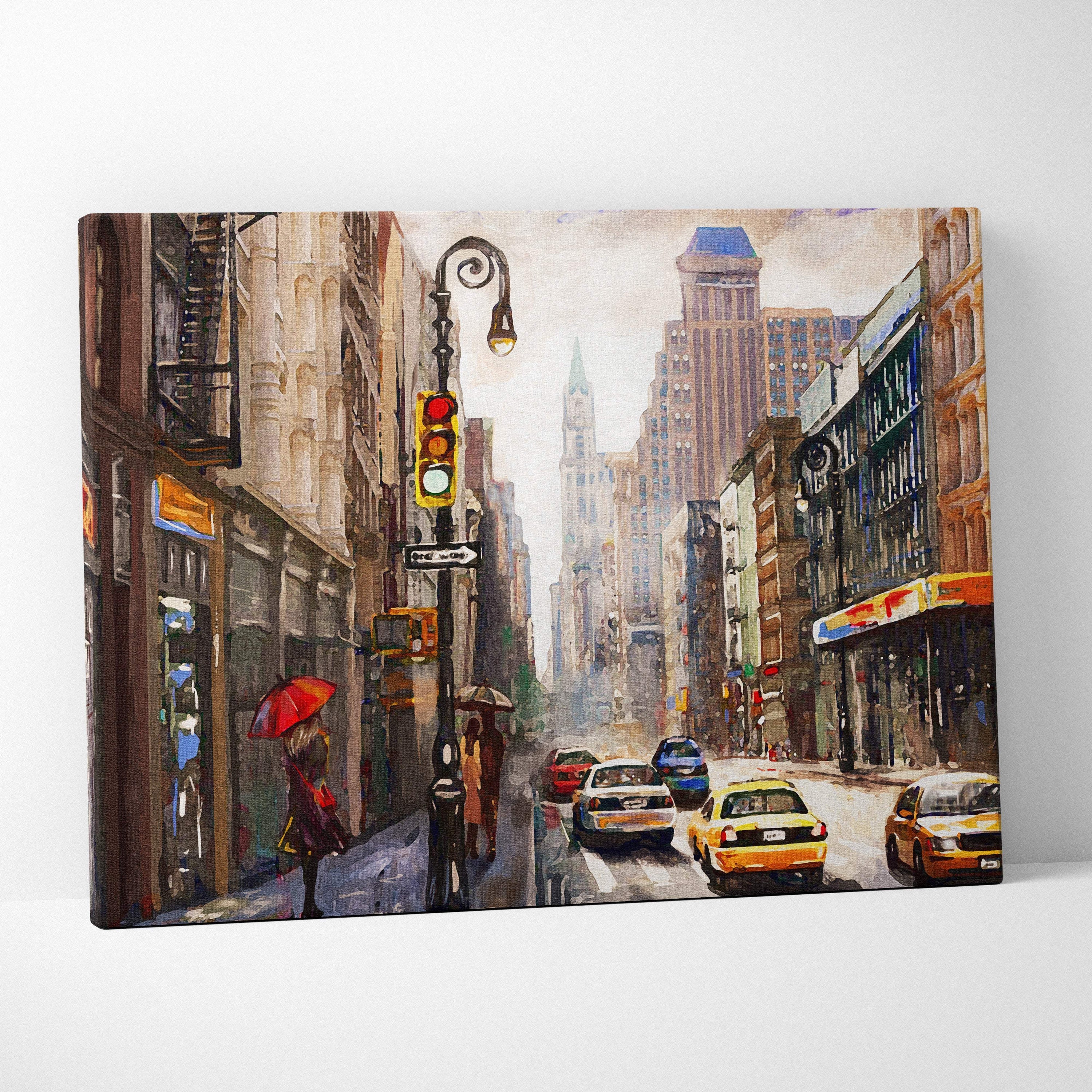 Rainy city street painting style wall art canvas print featuring yellow taxis red umbrella and vintage buildings under overcast sky