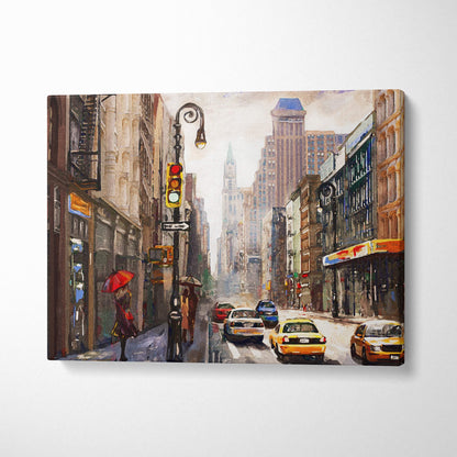 Rainy city street painting style wall art canvas print featuring yellow taxis red umbrella and vintage buildings