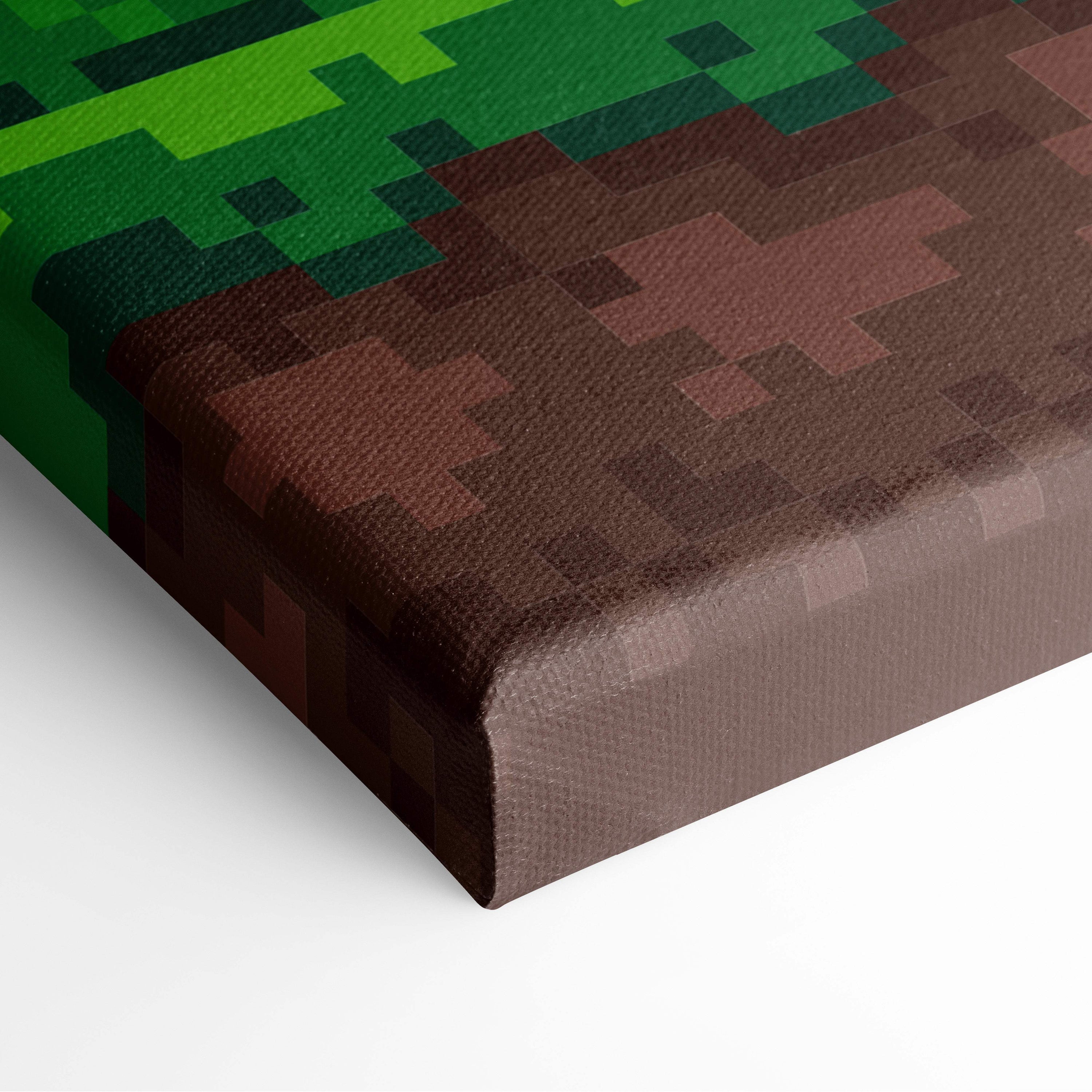 A pixelated canvas print of a minecraft-style grass and dirt block in a retro pixel art game scene design