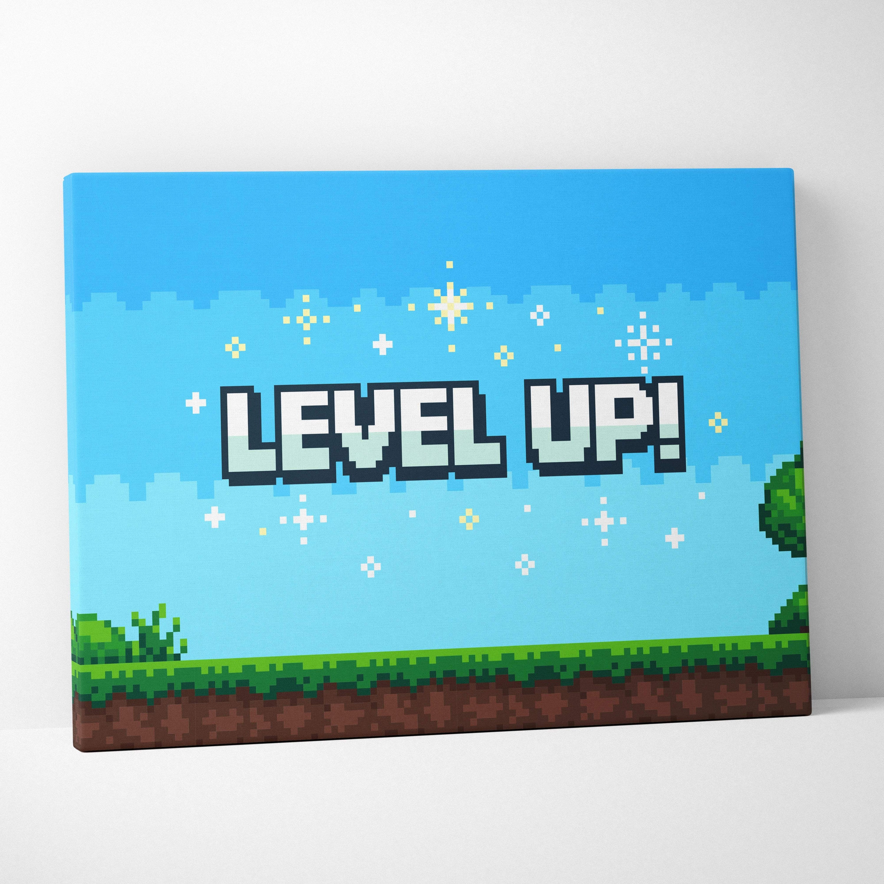 Level up retro pixel art game scene with white text black outlines bright blue sky sparkling stars and green grass platform