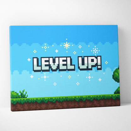 Level up retro pixel art game scene with white text black outlines bright blue sky sparkling stars and green grass platform