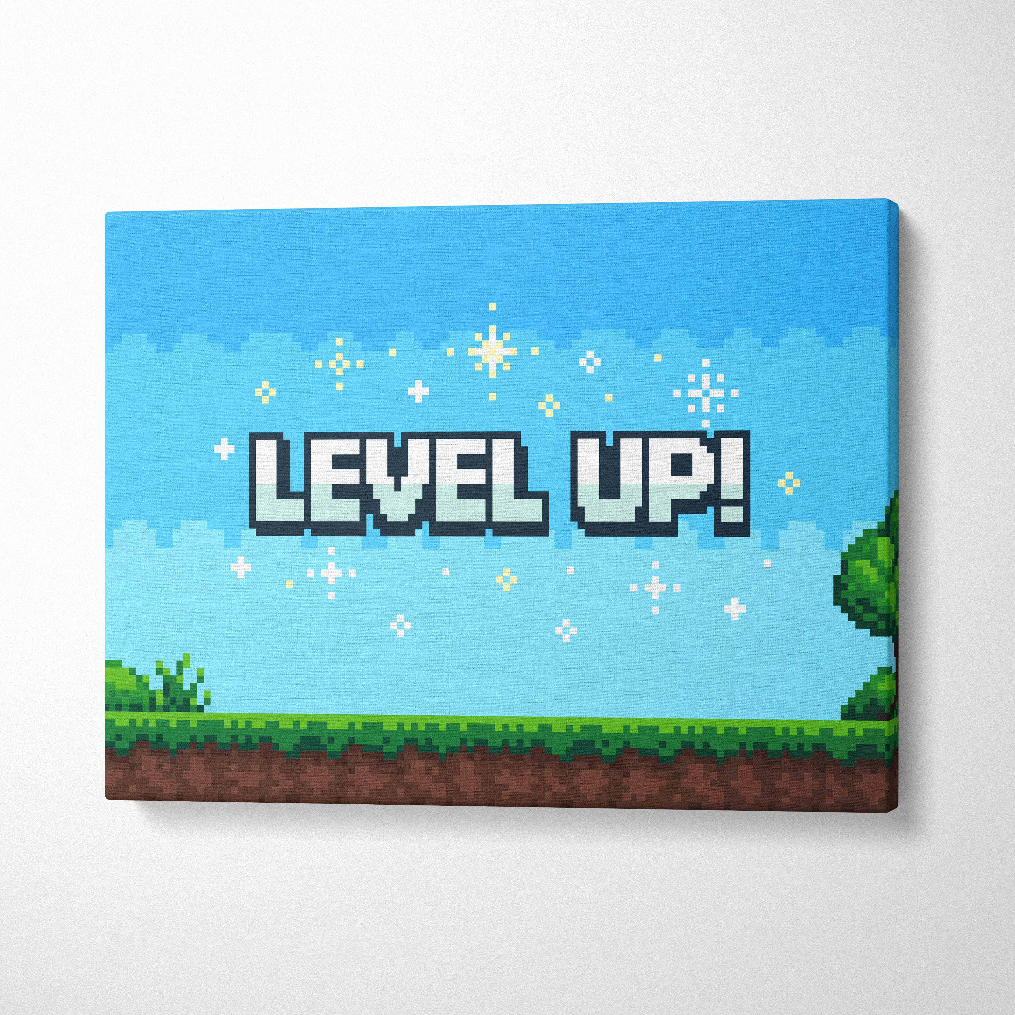 A vibrant retro pixel art game scene with bold level up text over grass platform and sparkling blue sky background