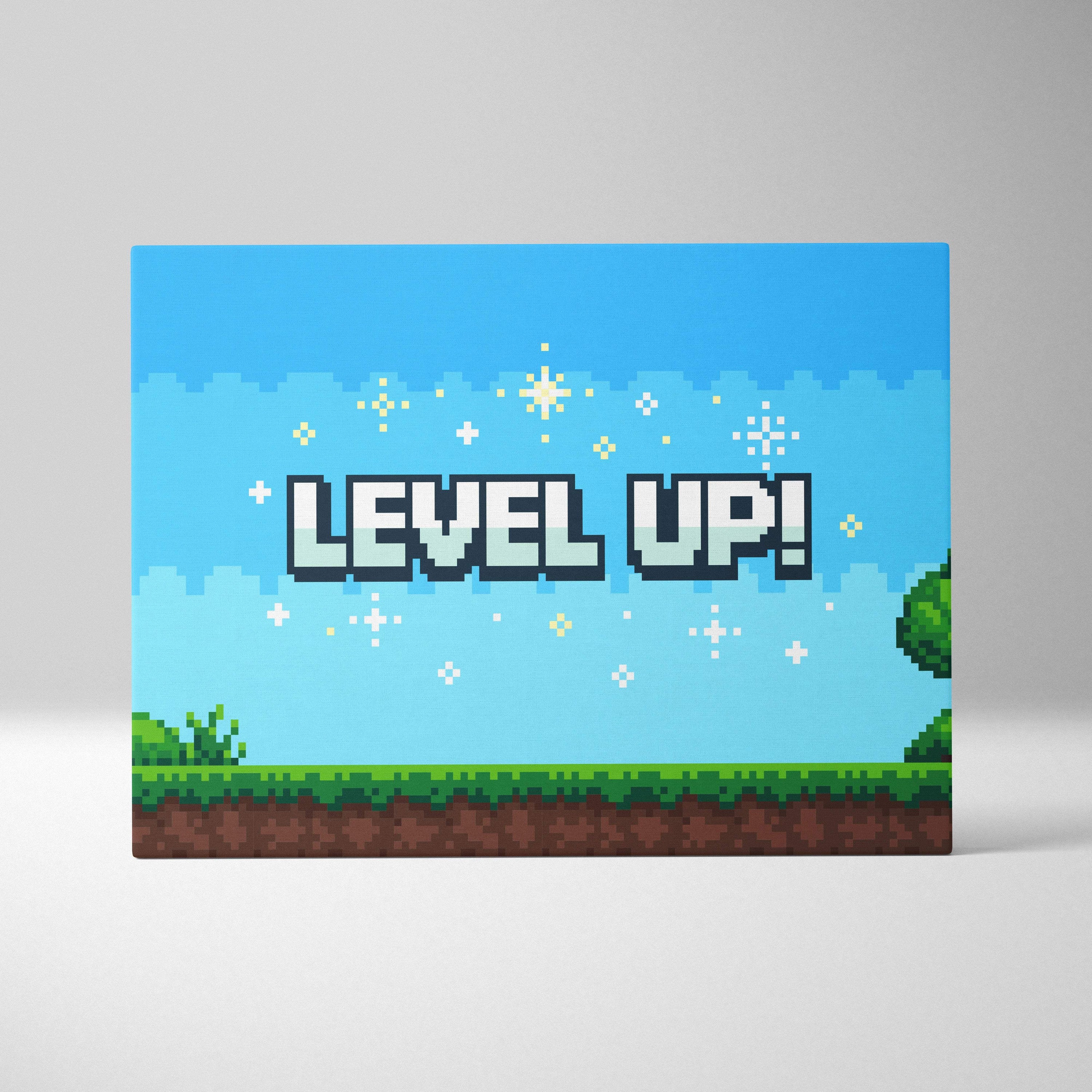 Pixel art canvas with bright blue sky, white sparkles, green grass, and bold level up text in retro 8-bit style