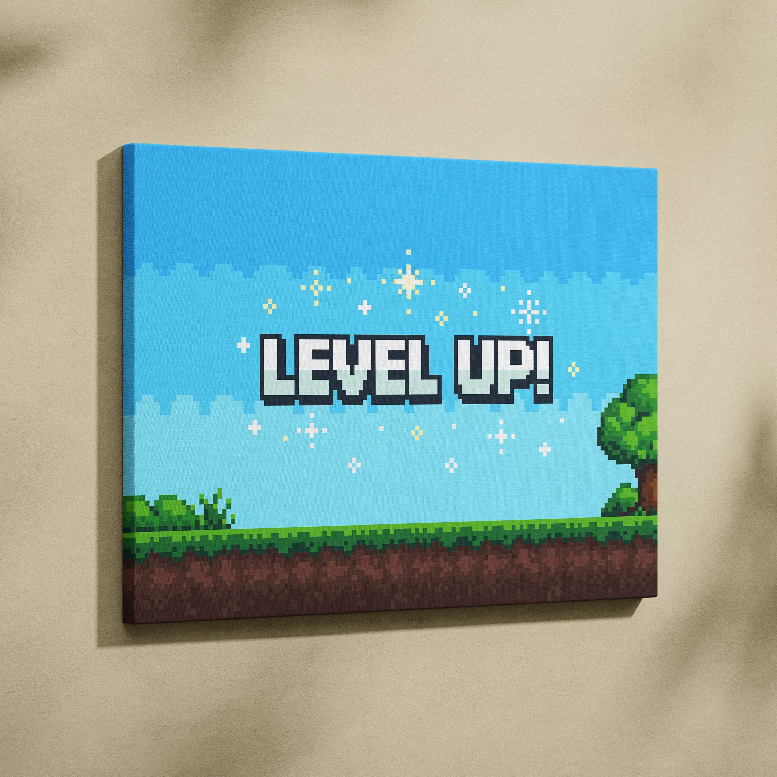 A vibrant retro pixel art game scene titled level up featuring white text outlined in black against blue sky and green grass