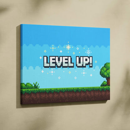 A vibrant retro pixel art game scene titled level up featuring white text outlined in black against blue sky and green grass