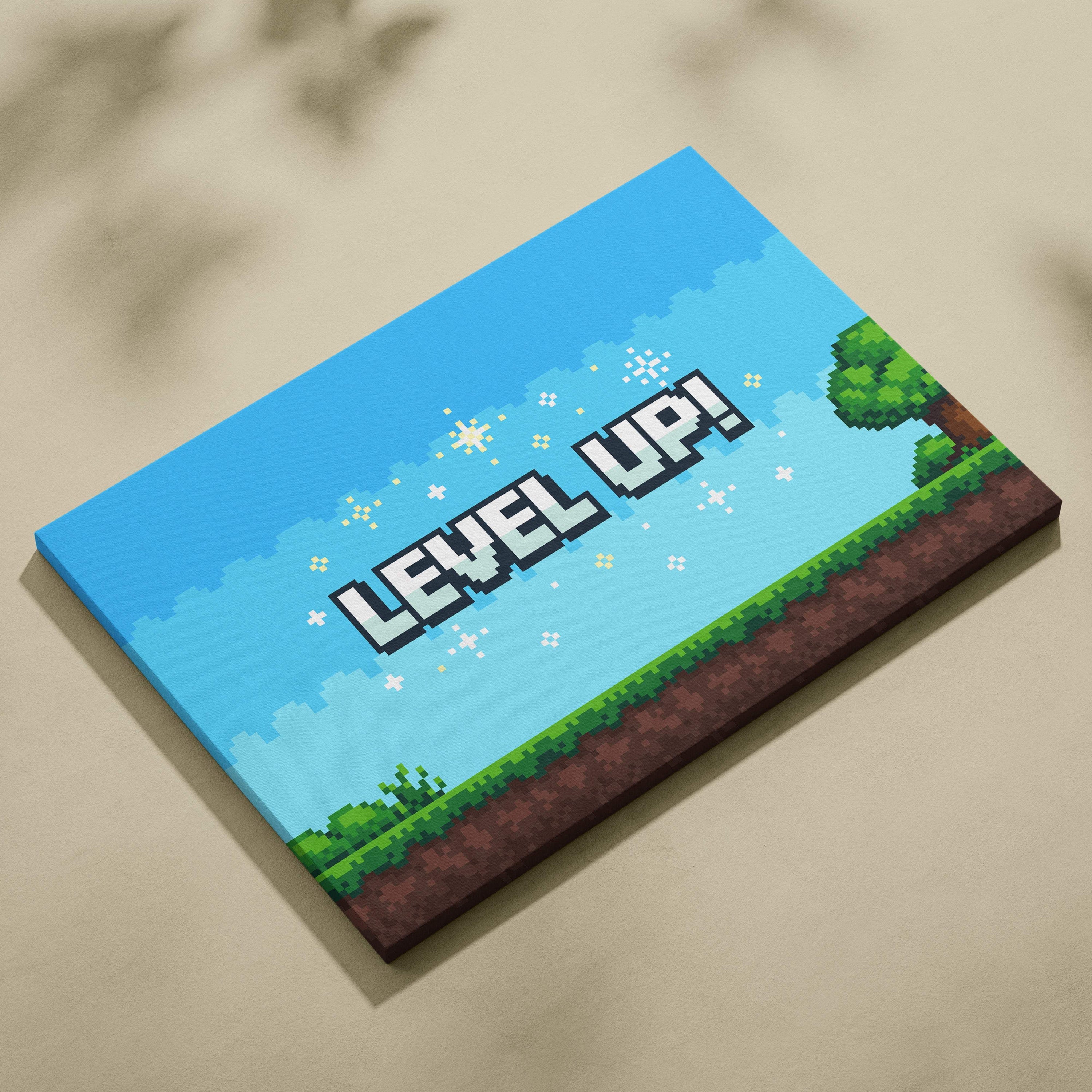 Level up retro pixel art game scene with bright blue sky green grass brown soil and bold white block letter text