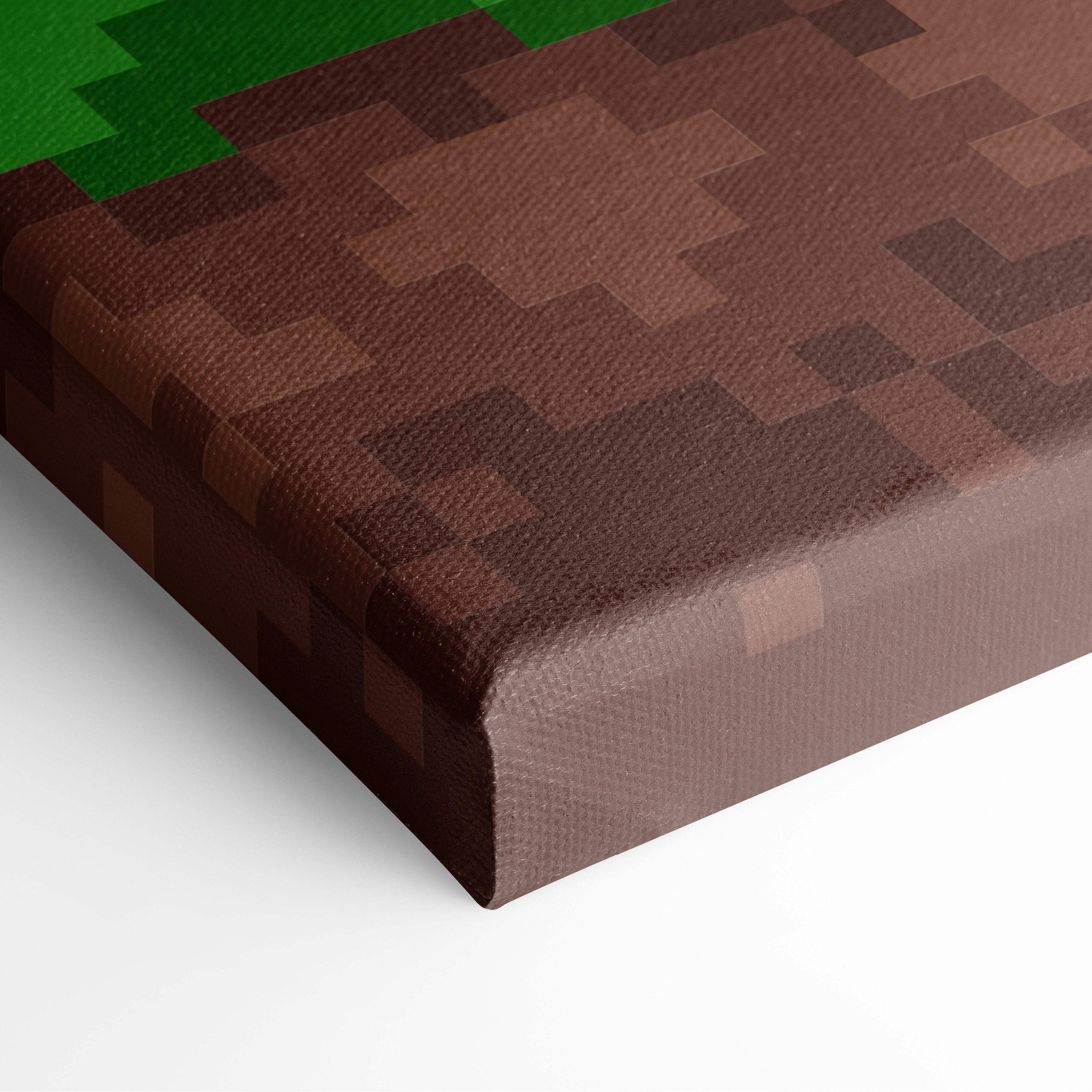 Retro pixel art game background featuring brown pixelated minecraft-style dirt blocks with blue sky grass platform