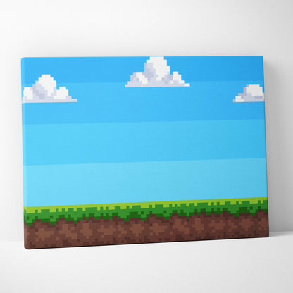 Pixelated canvas print of retro pixel art game background with blue sky clouds green grass and brown earth layers