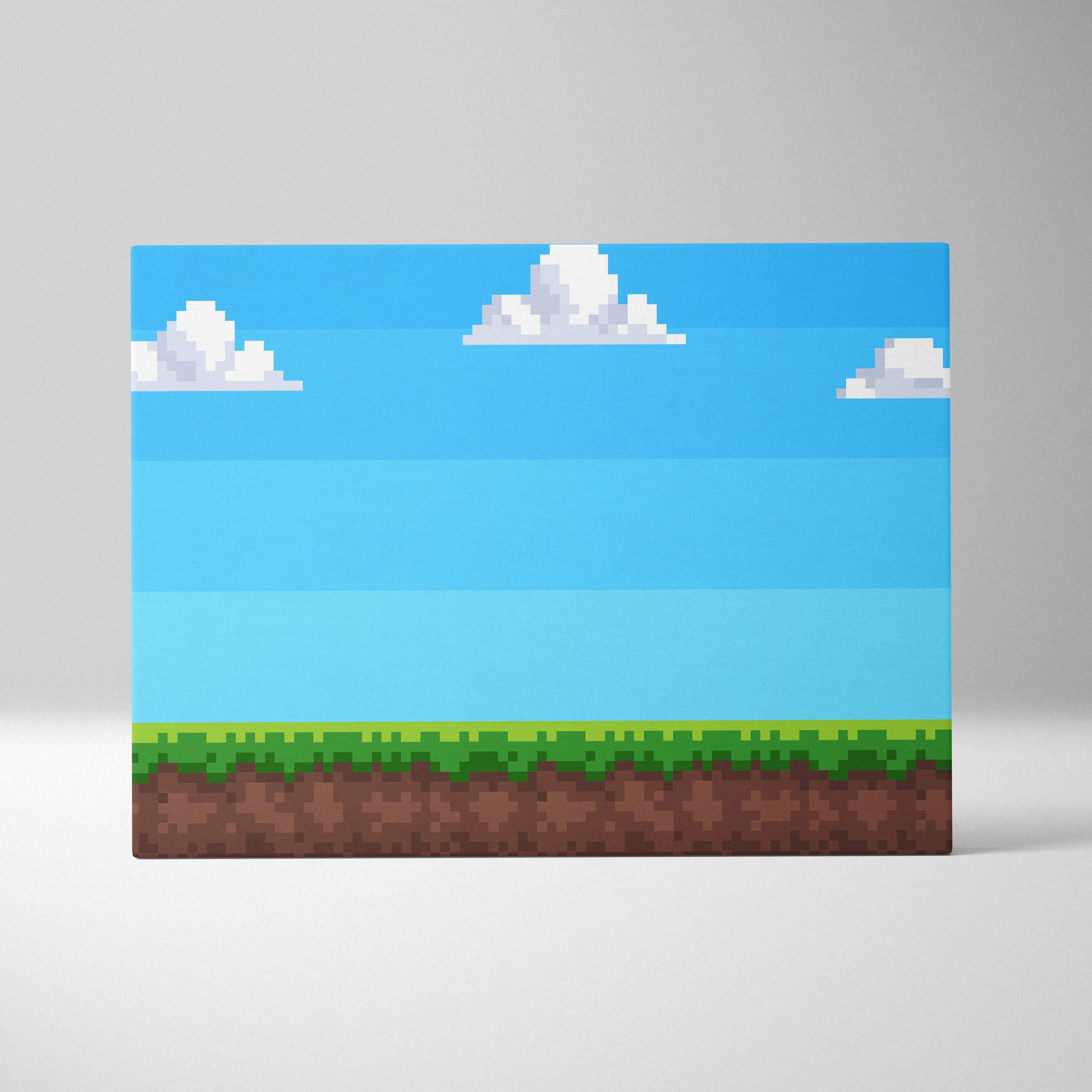 Retro pixel art game background featuring bright blue sky clouds layered turquoise water green grass and brown earth