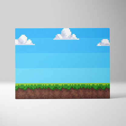 Retro pixel art game background featuring bright blue sky clouds layered turquoise water green grass and brown earth
