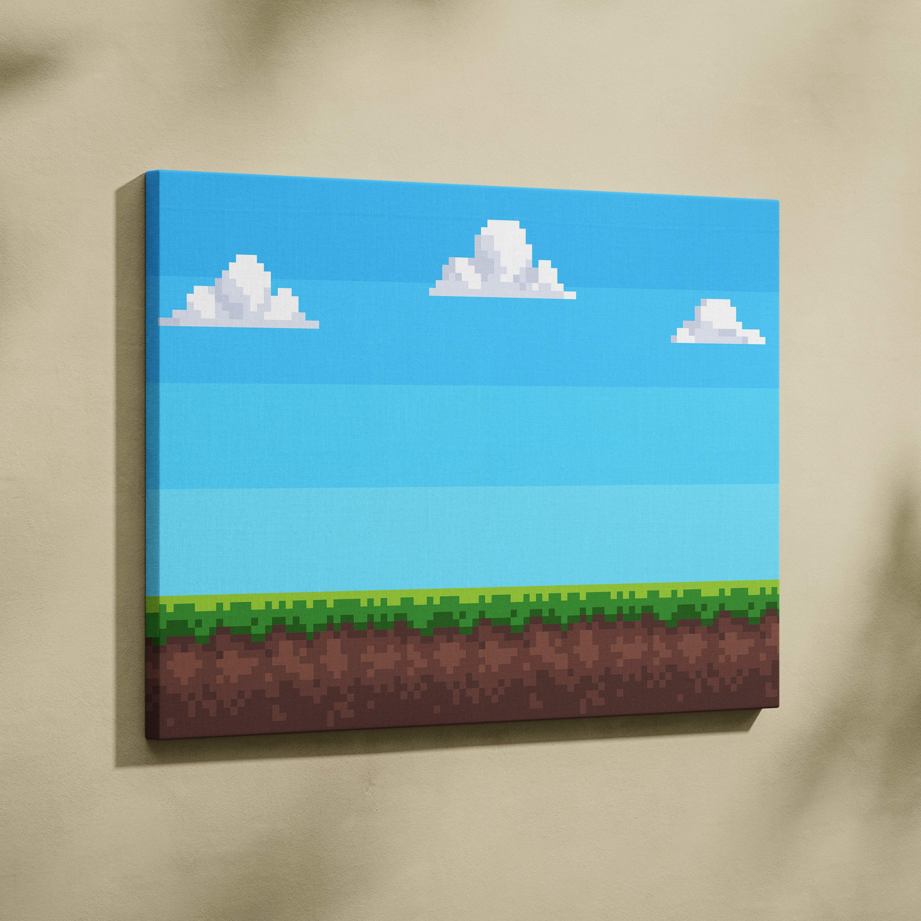 Retro pixel art game background with bright blue sky white clouds green grass and brown soil in 8-bit style