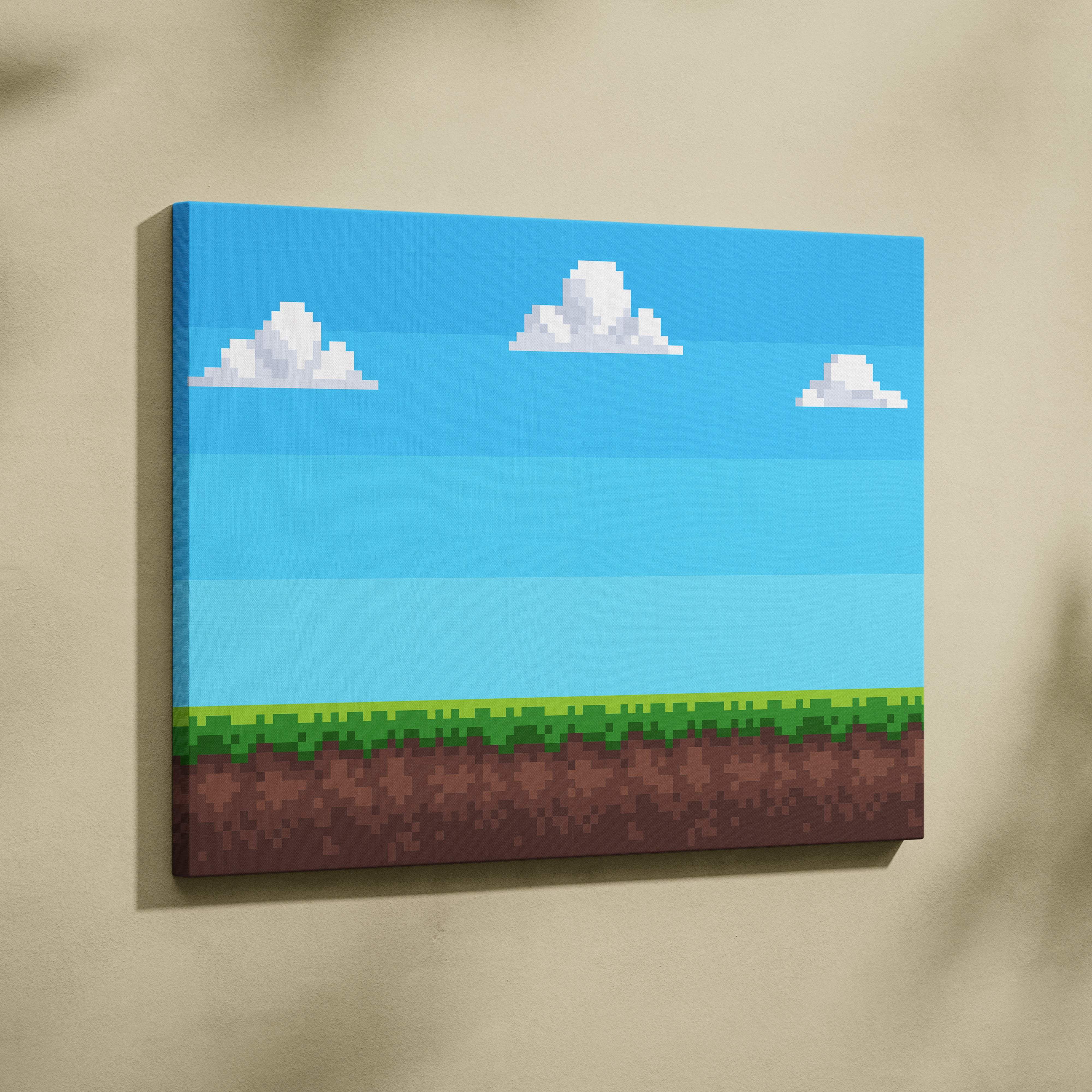 Retro pixel art game background with bright blue sky white clouds green grass and brown soil in 8-bit style